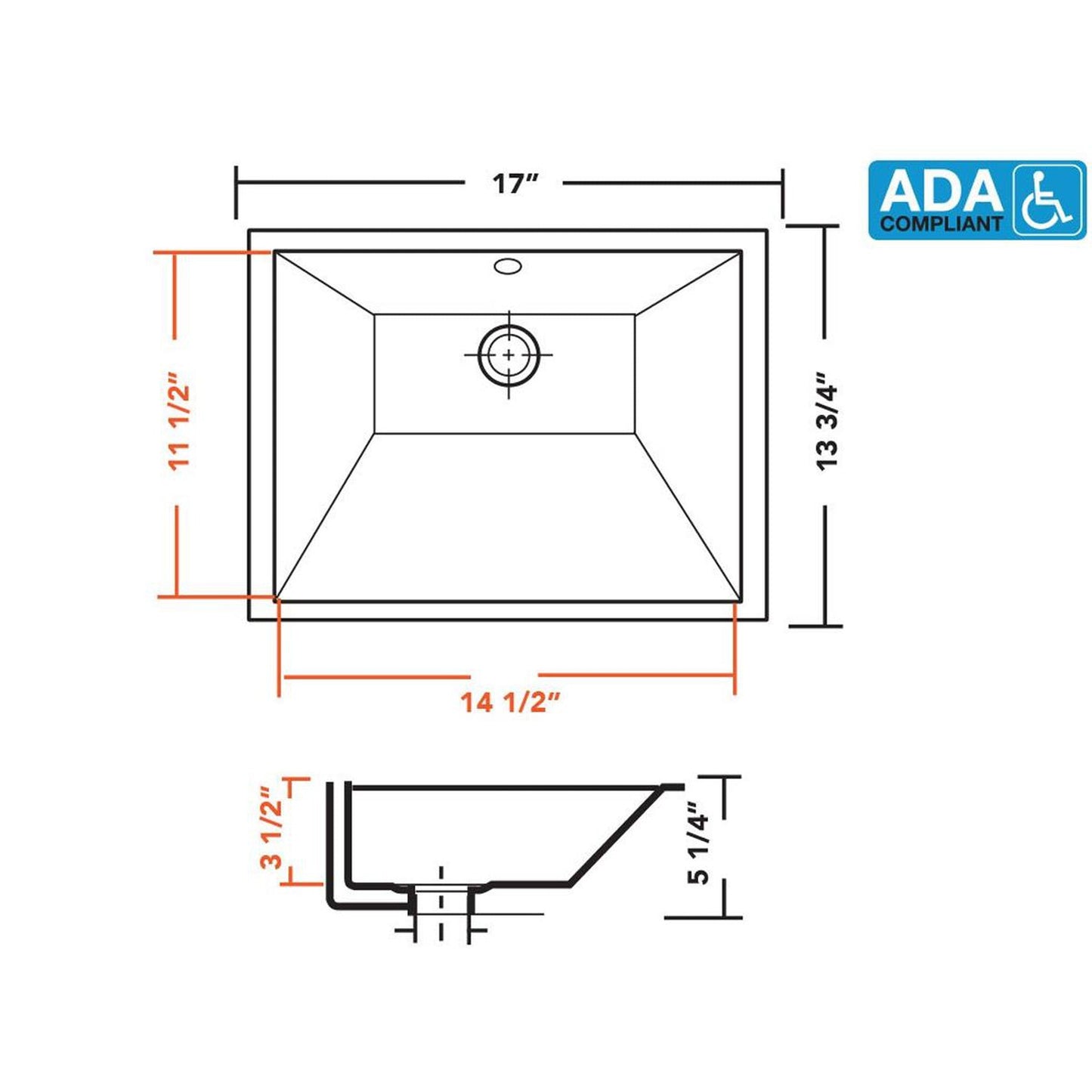Pelican Int'l Pearl Series PL-3639 14" x 11" ADA Compliant White Porcelain Undermount Bathroom Sink