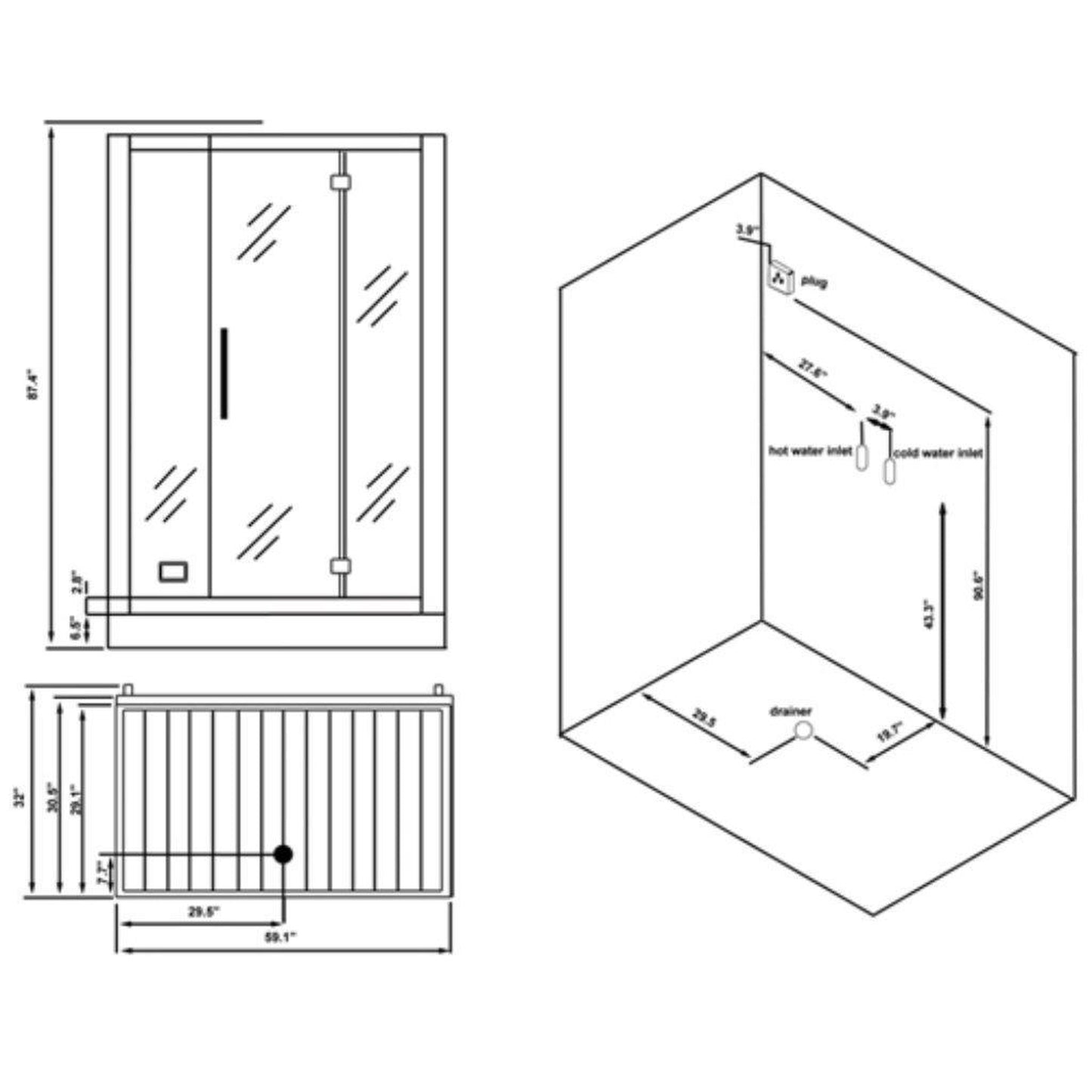Platinum 59" x 32" x 87" Two-Person White Framed Rectangle Walk-In Steam Shower With Hinged Door 20 Massage Jets & LED Chromatherapy Lighting