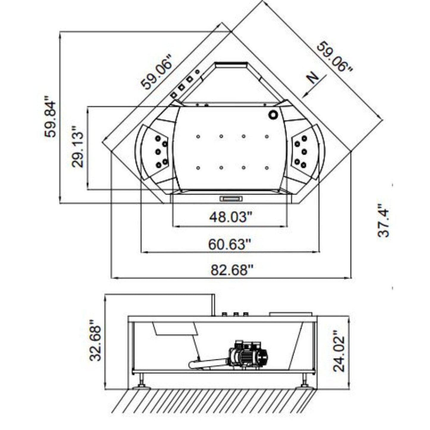 Platinum 59" x 59" x 24" Two-Person Corner Whirlpool Bathtub With Waterfall Spout 22 Hydro Massage Jets & Handheld Shower