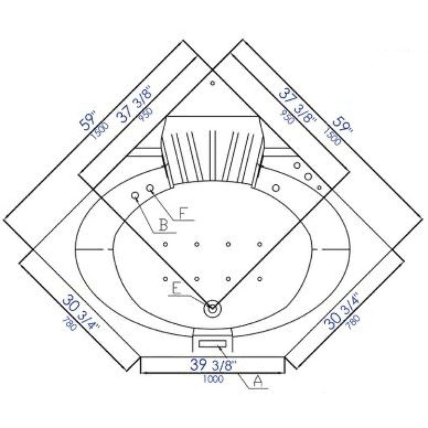 Platinum 59" x 59" x 32" Two-Person Corner Whirlpool Bathtub With Waterfall Spout 22 Jets & Handheld Shower