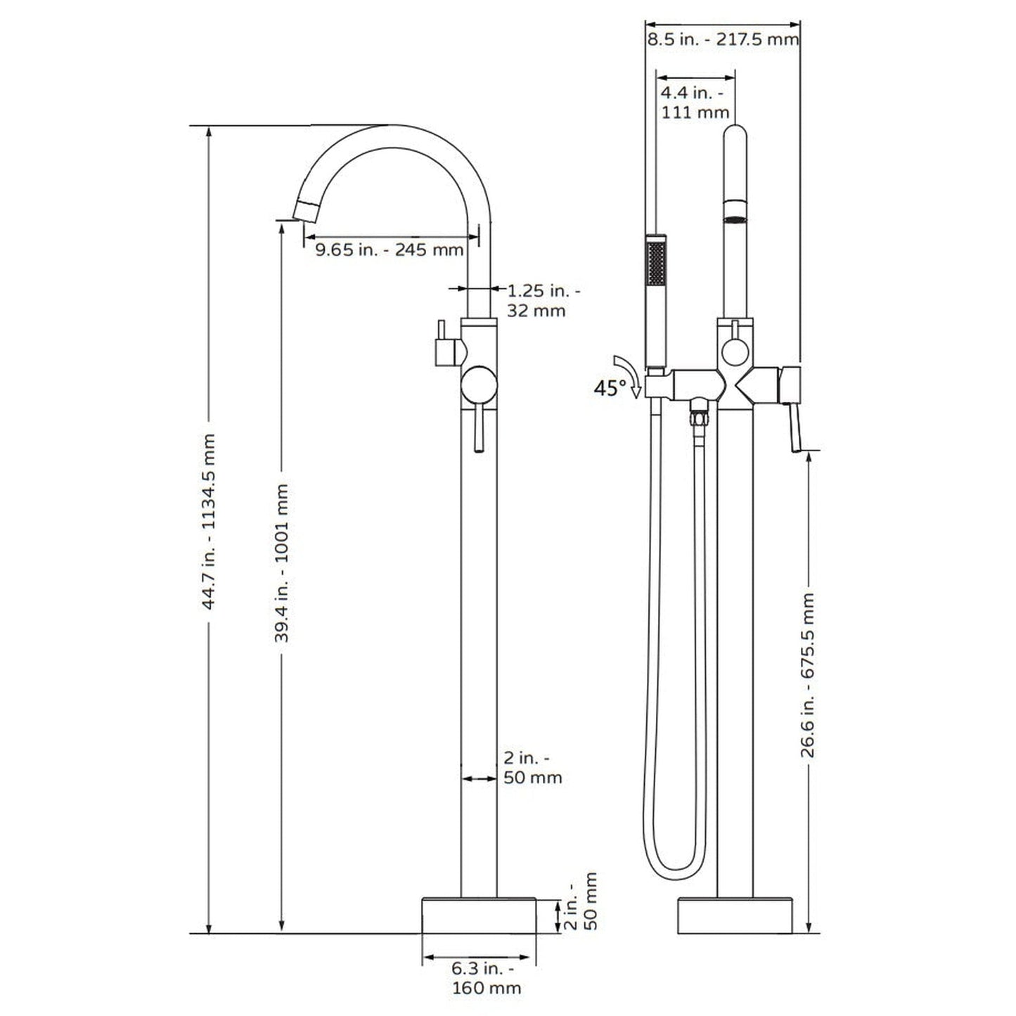 PULSE ShowerSpas High Flow Freestanding Tub Filler With Diverter in Matte Black Finish