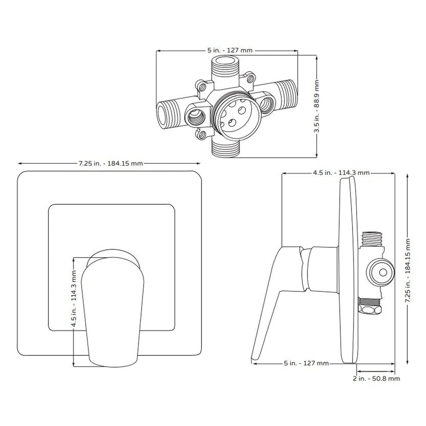 PULSE ShowerSpas Square Shape Tru-Temp Pressure Balance 1/2" Rough-In Valve With Chrome Trim Kit
