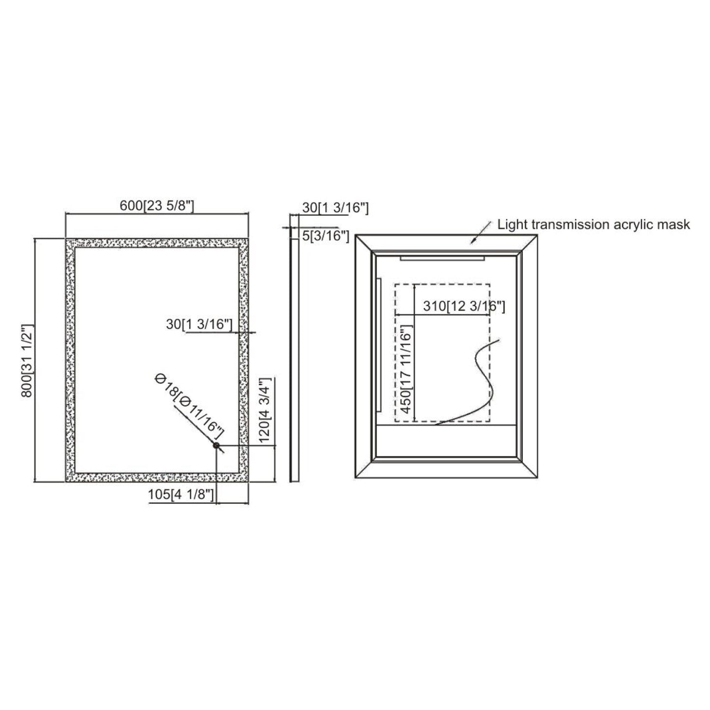 Ratel 24" x 32" Rectangular LED Mirror With Touch Sensor Switch and White Acrylic Frame