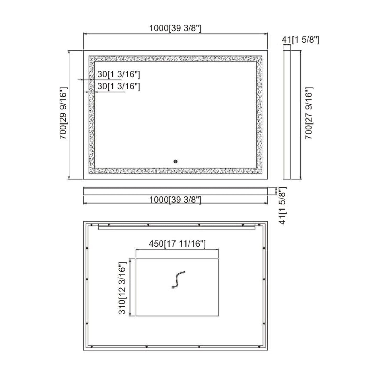 Ratel 39" x 28" Rectangular LED Mirror With Touch Sensor Switch
