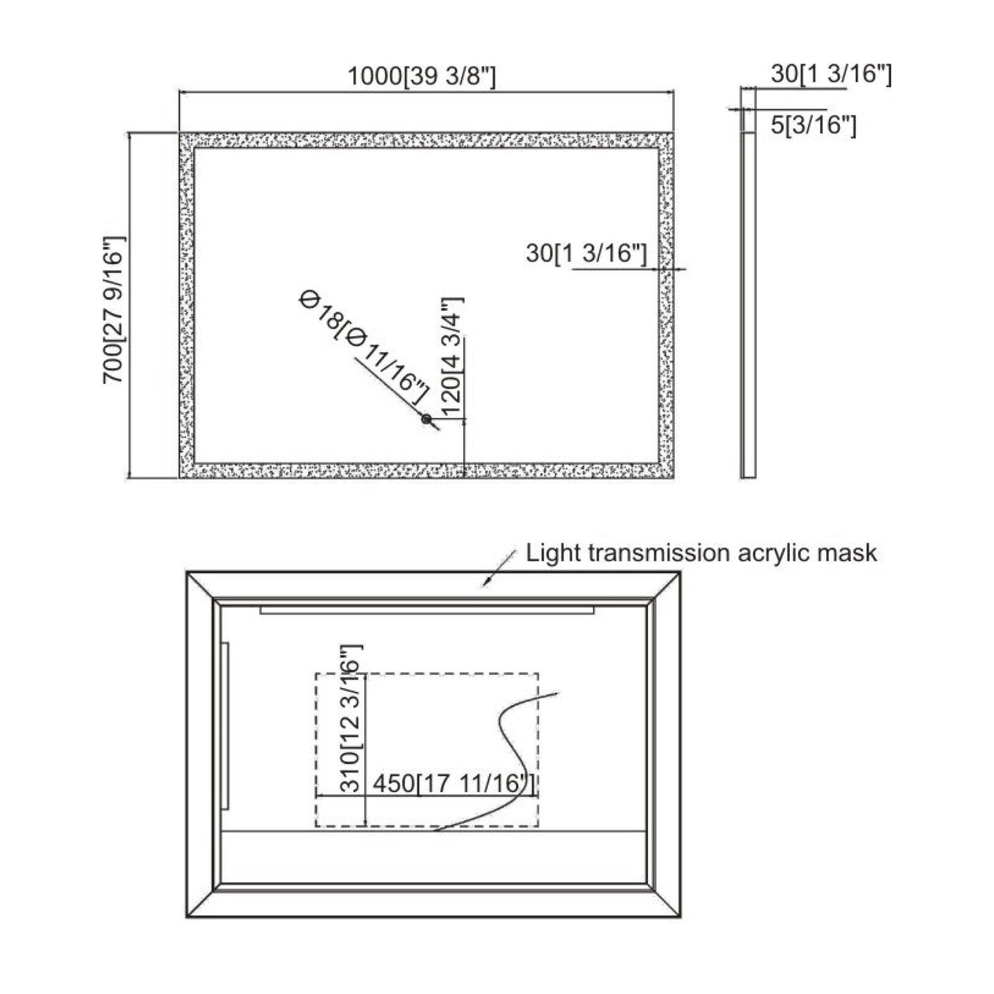 Ratel 39" x 28" Rectangular LED Mirror With Touch Sensor Switch and White Acrylic Frame