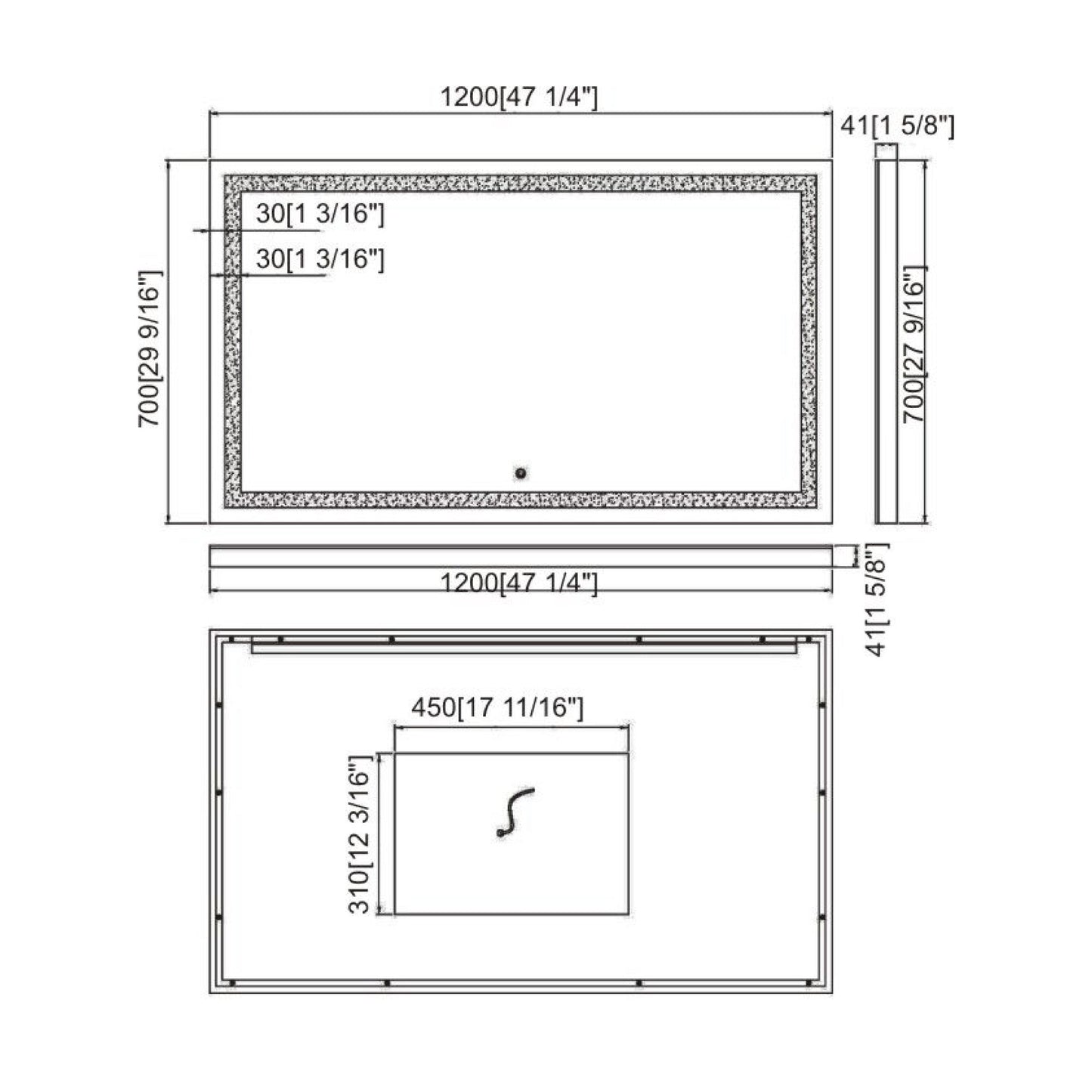Ratel 47" x 28" Rectangular LED Mirror With Touch Sensor Switch