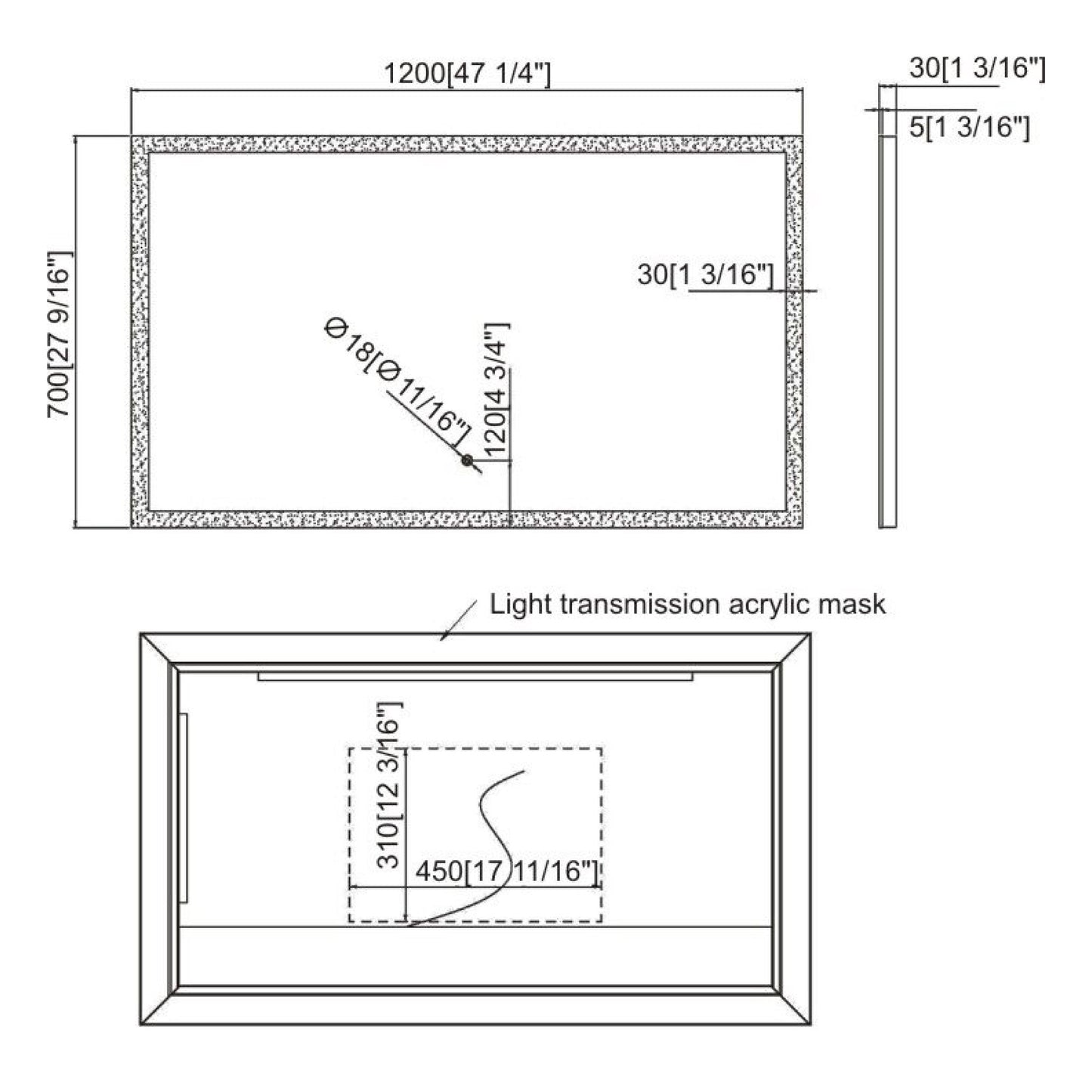 Ratel 47" x 28" Rectangular LED Mirror With Touch Sensor Switch and White Acrylic Frame
