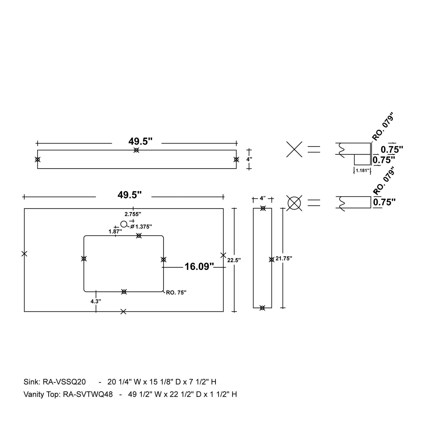 Ratel 50" x 23" White Quartz Vanity Top With Single Undermount Sink