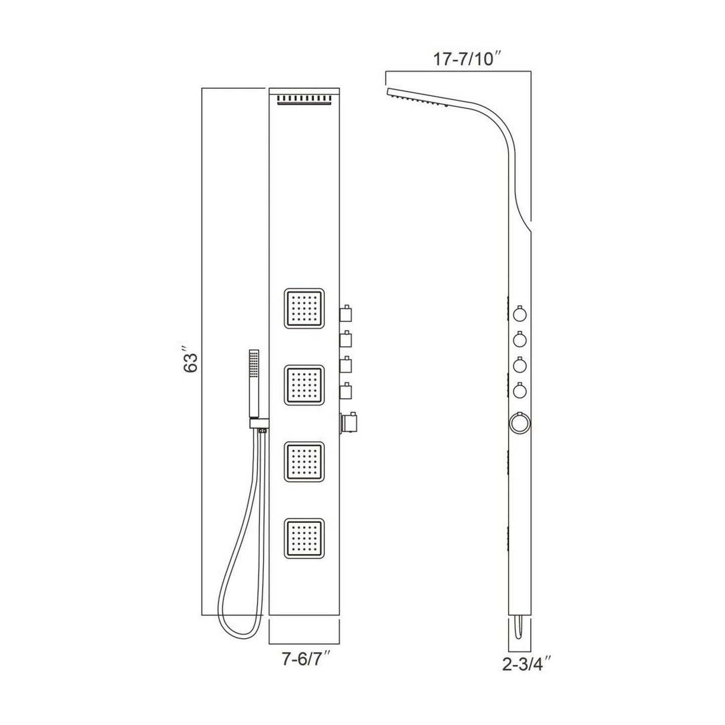Ratel 63" Brushed Stainless Steel Shower Panel With Built-in Head Shower, Waterfall and 4 Movable Massage Jets