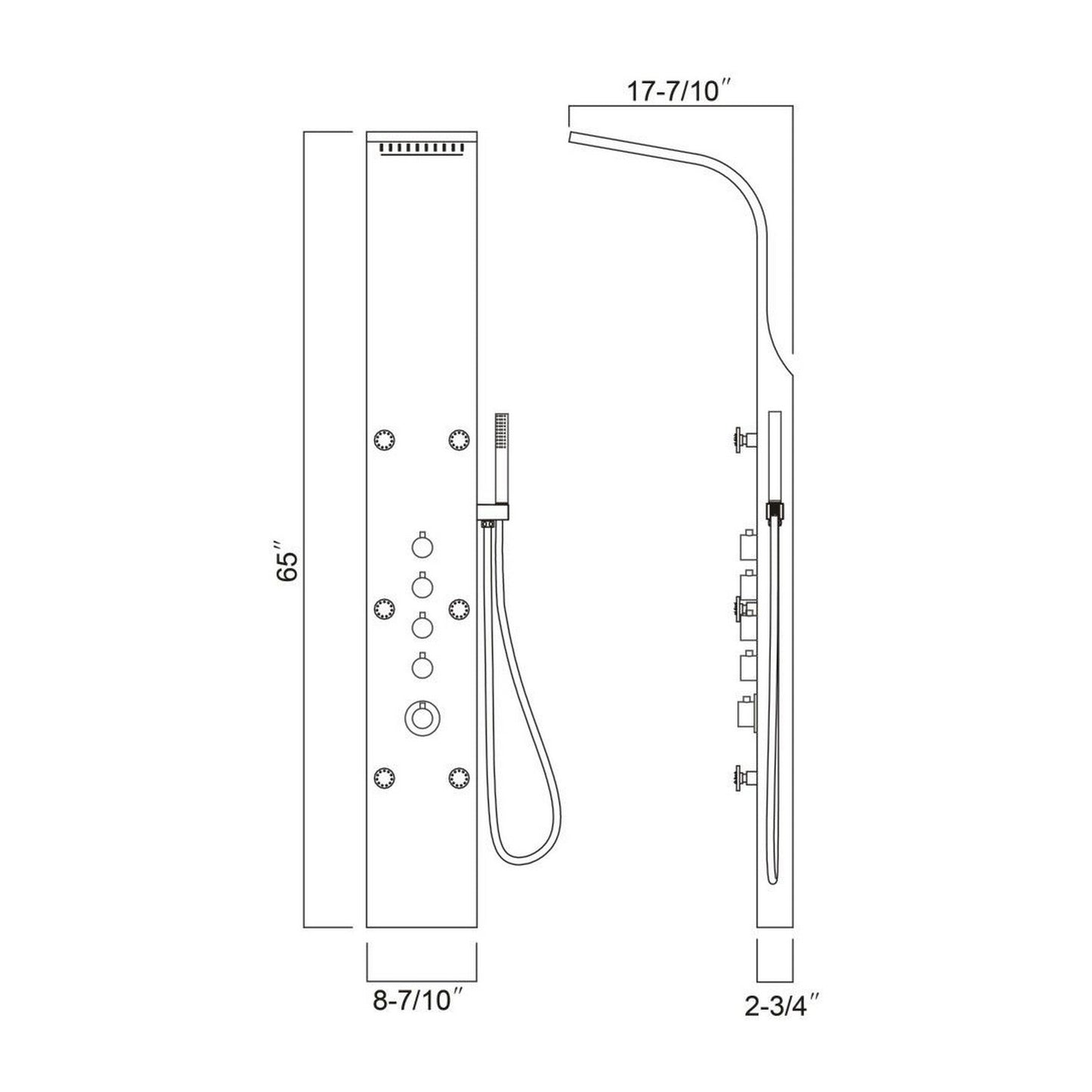 Ratel 65" Brushed Stainless Steel Shower Panel With Built-in Head Shower, Waterfall and 6 Massage Jets