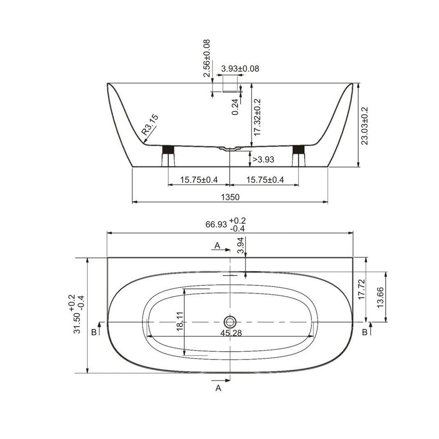 Ratel 67" x 32" Curved White Gloss Acrylic Freestanding Bathtub