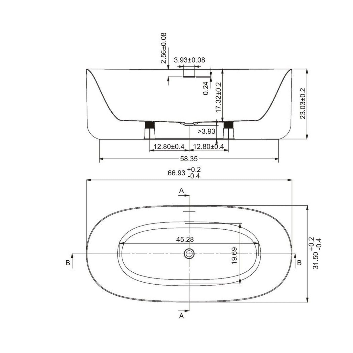 Ratel 67" x 32" Elliptical White Gloss Acrylic Freestanding Bathtub