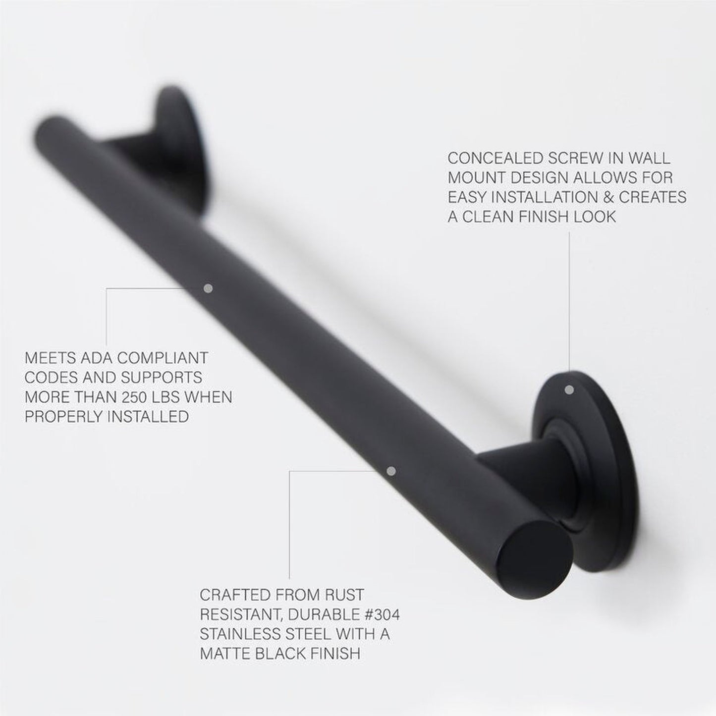 Seachrome Coronado 18" Matte Black Powder Coated Stainless Steel Wall Mount Bathroom Shower Grab Bar, 1.25" Diameter, ADA Compliant