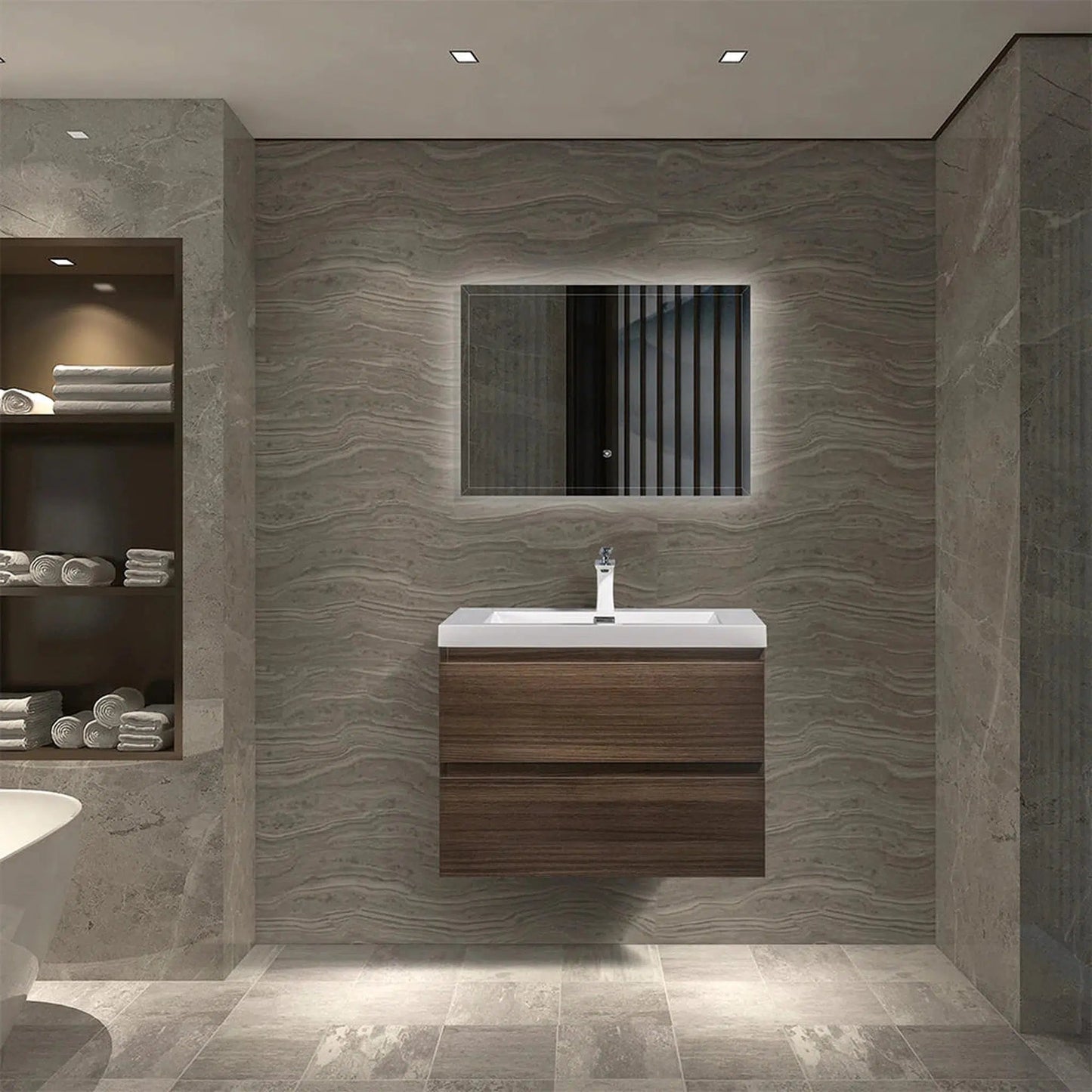 TONA Angela 36" White & Gray Oak Wall-Mounted Bathroom Vanity With Faux Marble Integrated Top & Single Sink