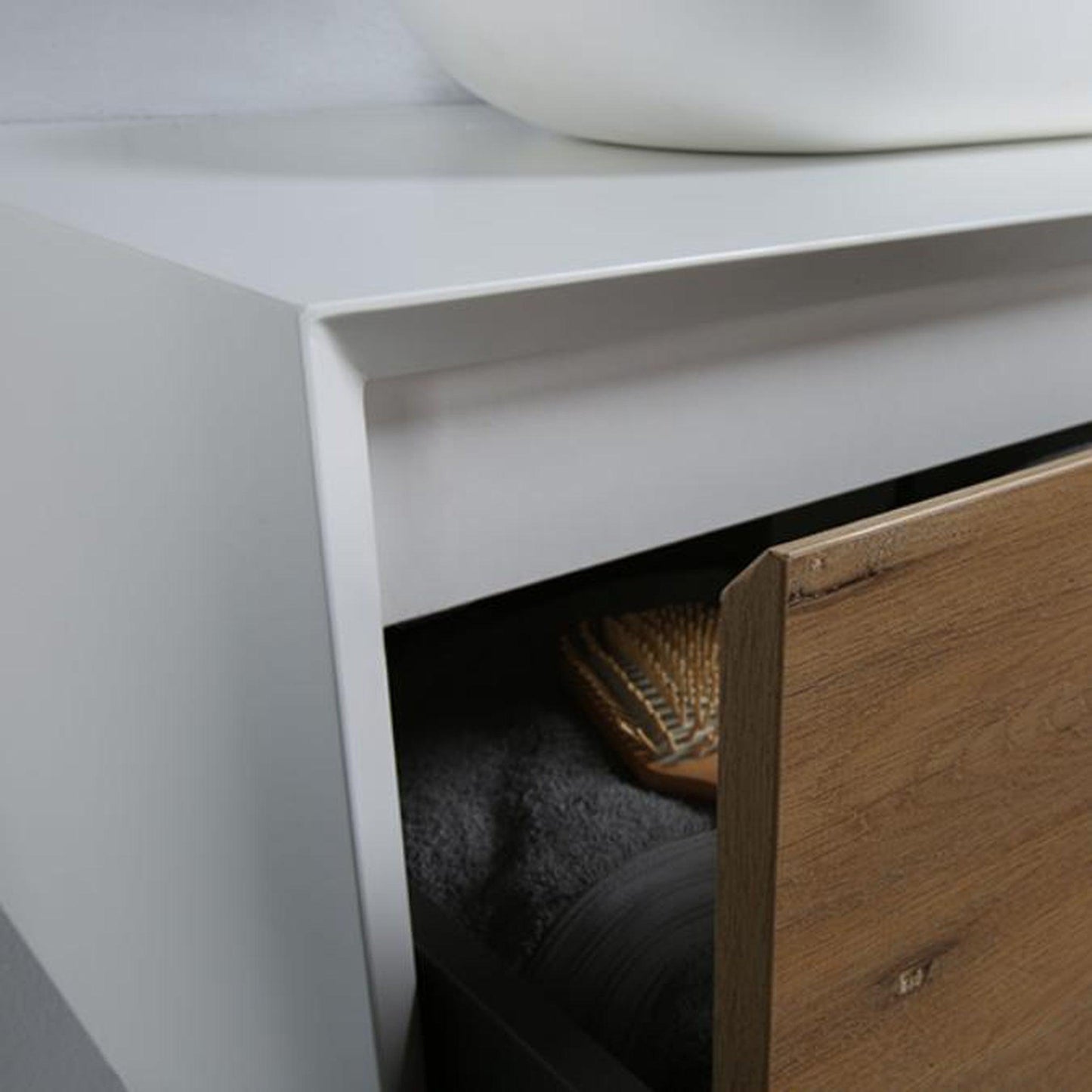 TONA Fiona 48" White Oak Grain & Matte White Wall-Mounted Bathroom Vanity Set With Lacquered MDF Countertop and Single Vessel Sink