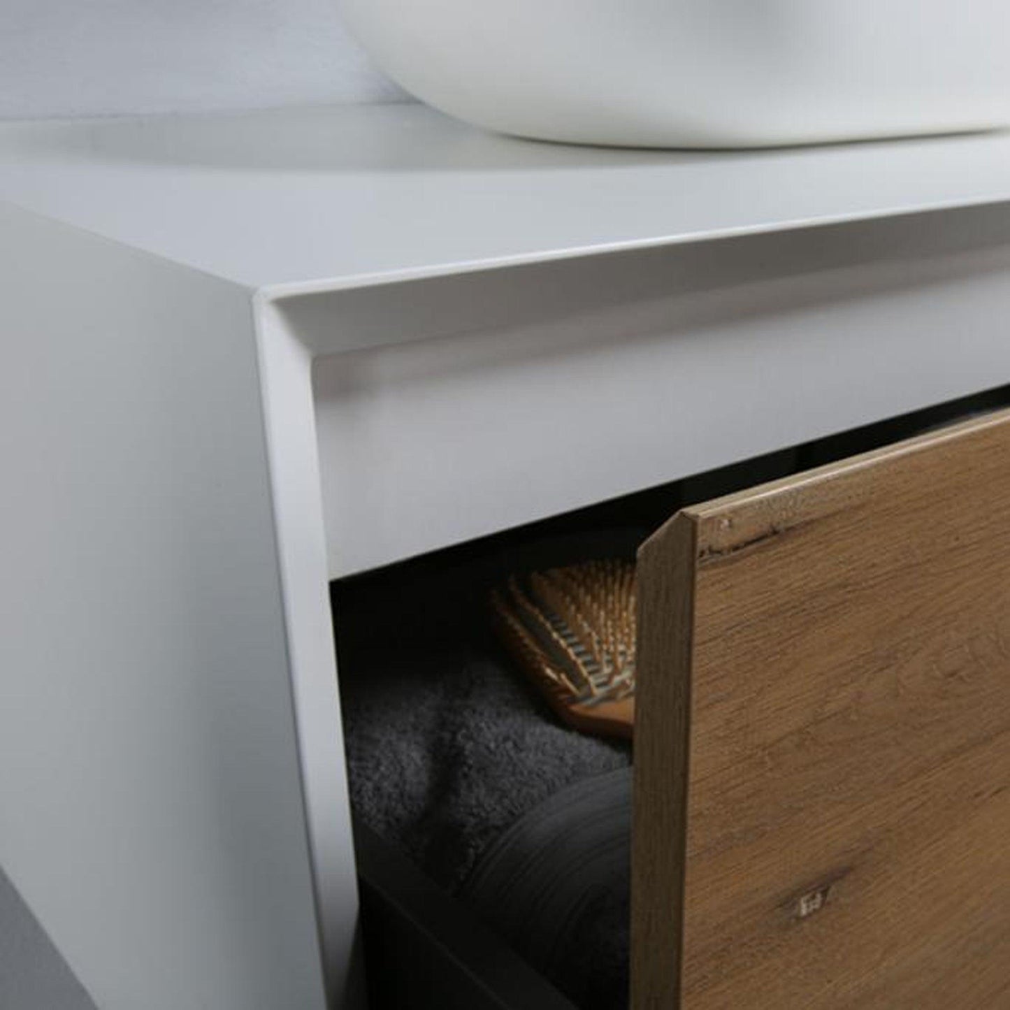 TONA Fiona 55" White Oak Grain & Matte White Wall-Mounted Bathroom Vanity Set With Lacquered MDF Countertop and Double Vessel Sink