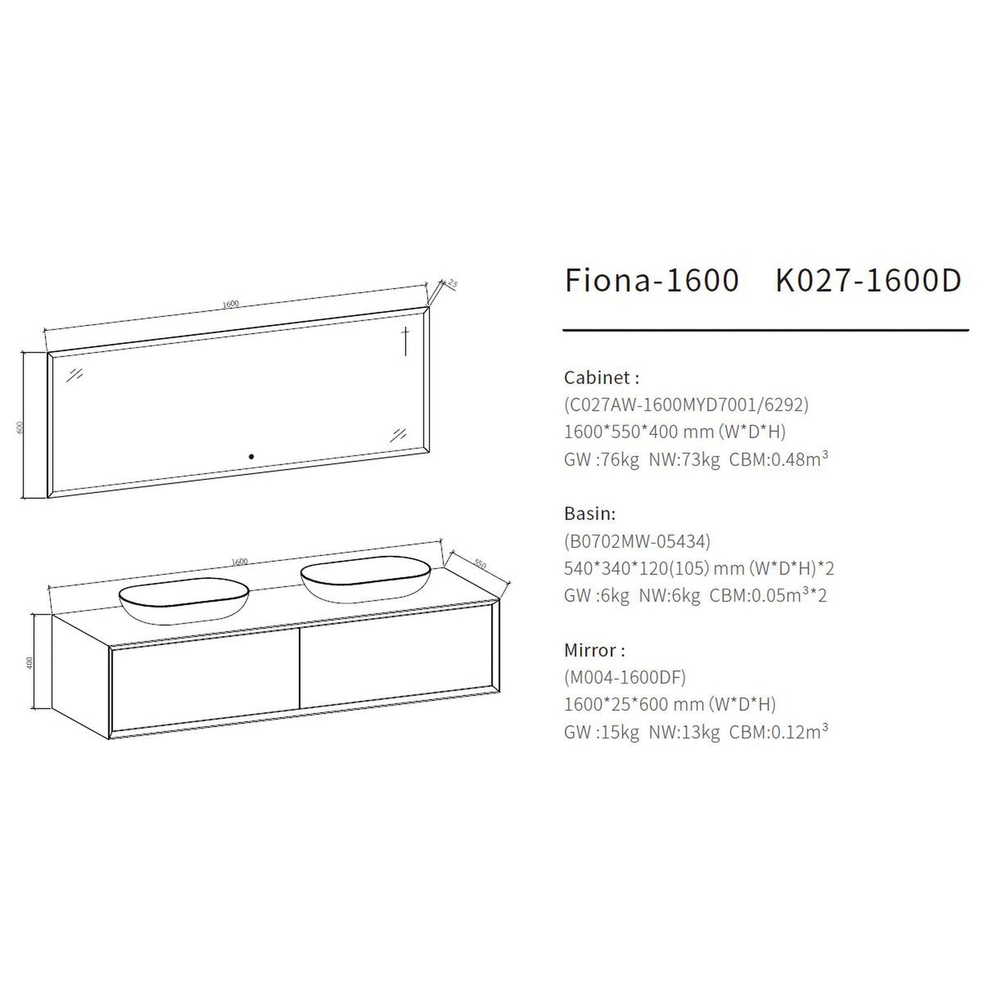 TONA Fiona 63" White Oak Grain & Matte White Wall-Mounted Bathroom Vanity Set With Lacquered MDF Countertop and Double Vessel Sink