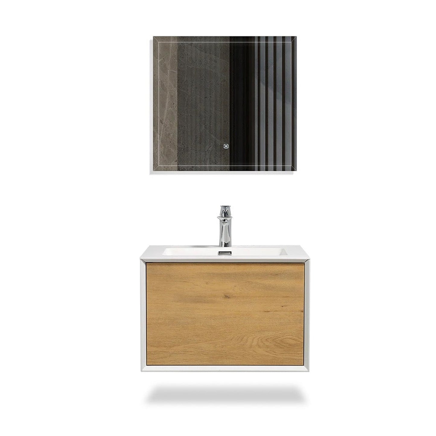 TONA Furla 24" White Oak Grain & Matte White Wall-Mounted Bathroom Vanity With Faux Marble Single Integrated Top & Sink