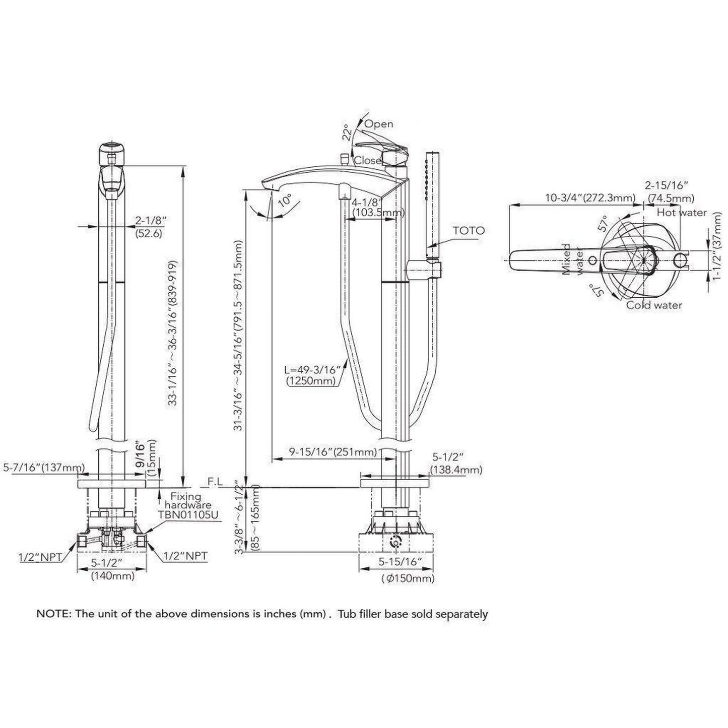 TOTO GM Polished Bronze Floor Mounted Freestanding Tub Filler With Handshower