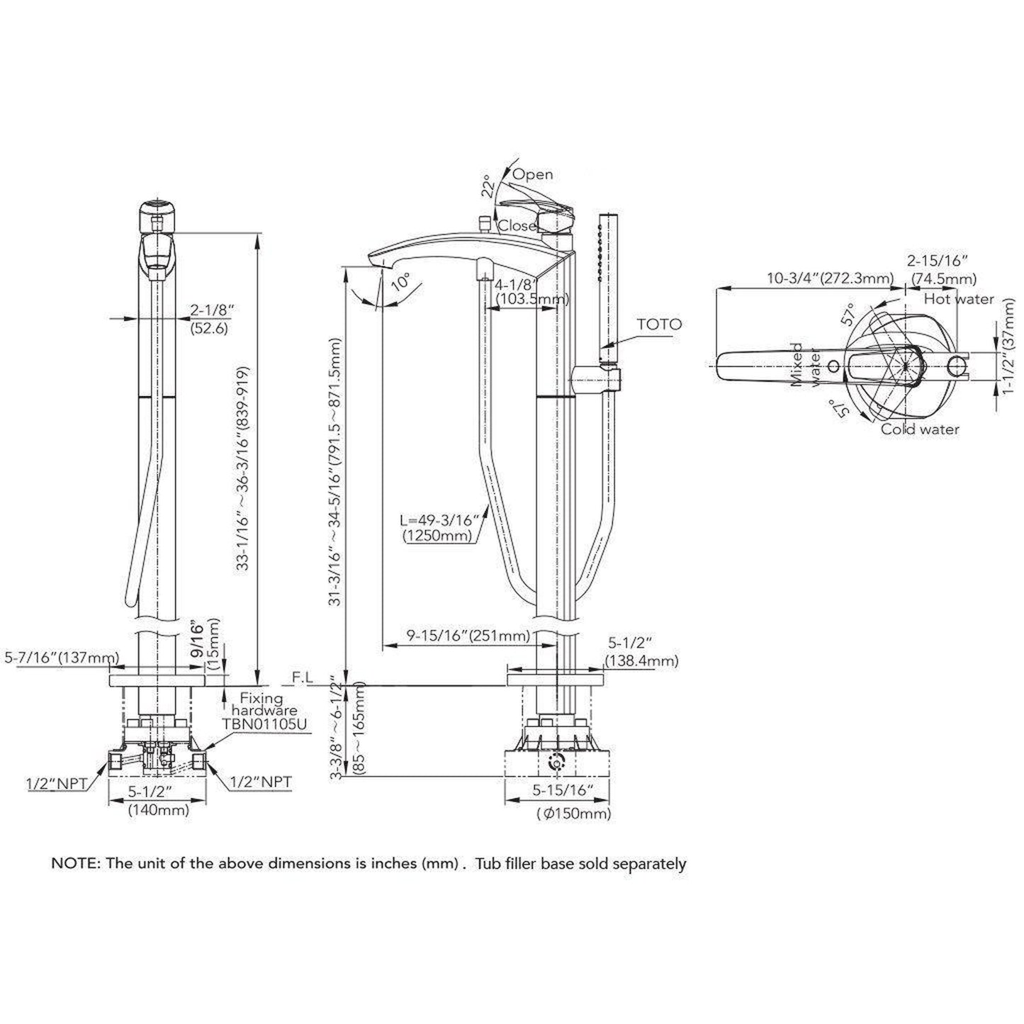 TOTO GM Polished Chrome Floor Mounted Freestanding Tub Filler With Handshower