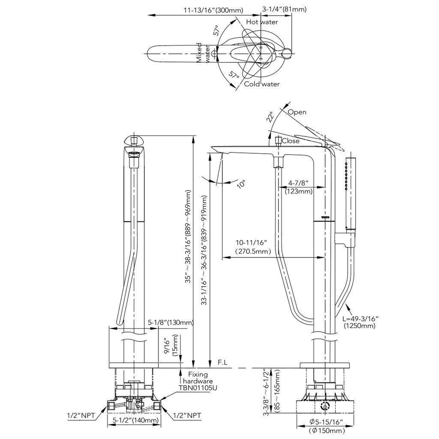 TOTO ZA Polished Chrome Floor Mounted Freestanding Tub Filler With Handshower