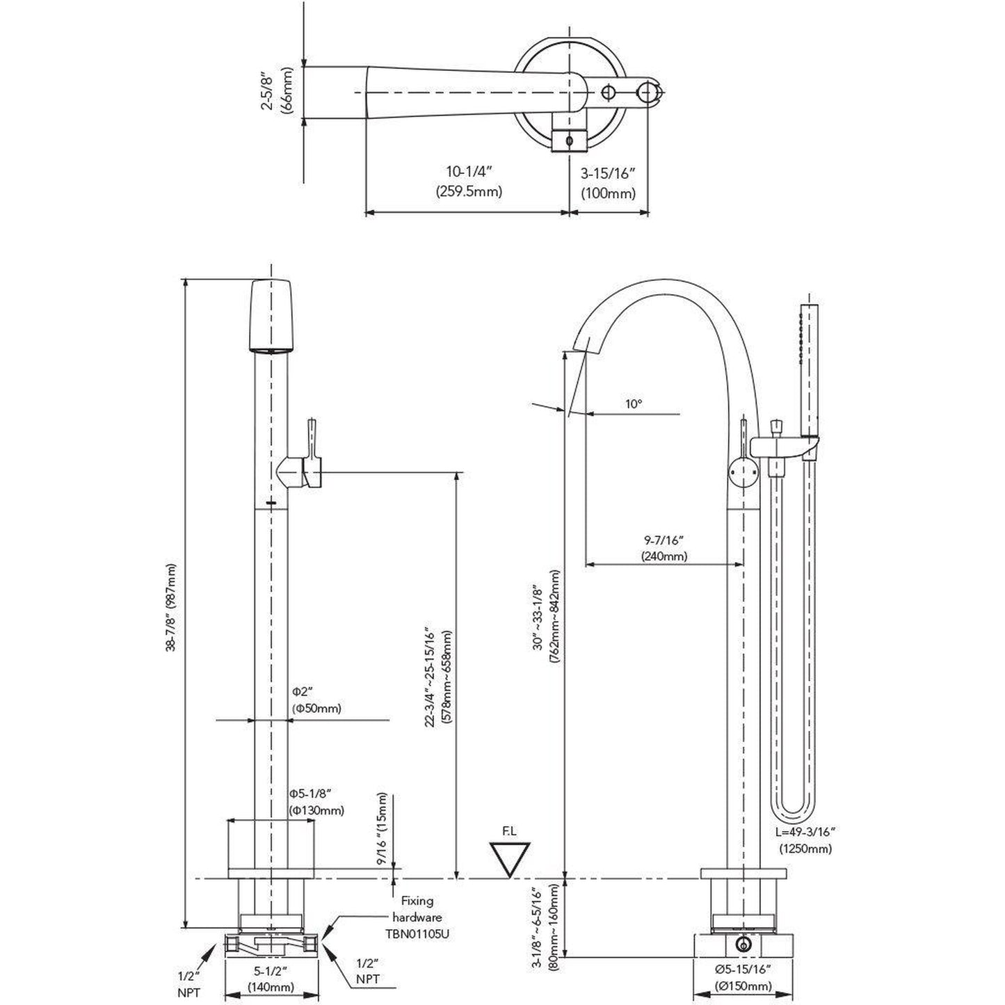 TOTO ZN Brushed Nickel Modern Freestanding Tub Filler With Handshower