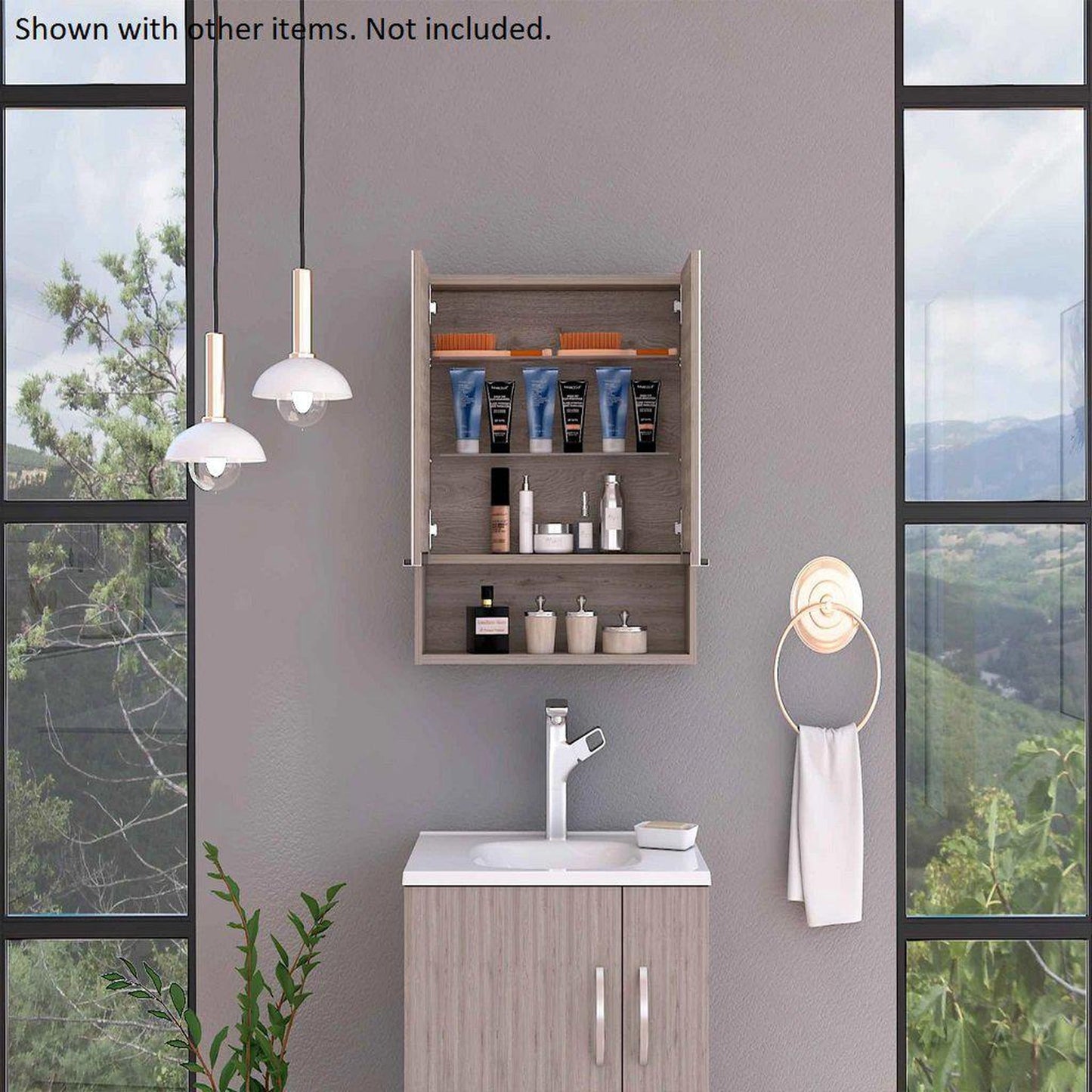 TUHOME Jaspe 24" x 25" Light Oak Wall-Mounted Mirror Medicine Cabinet With Wide-Open Shelf