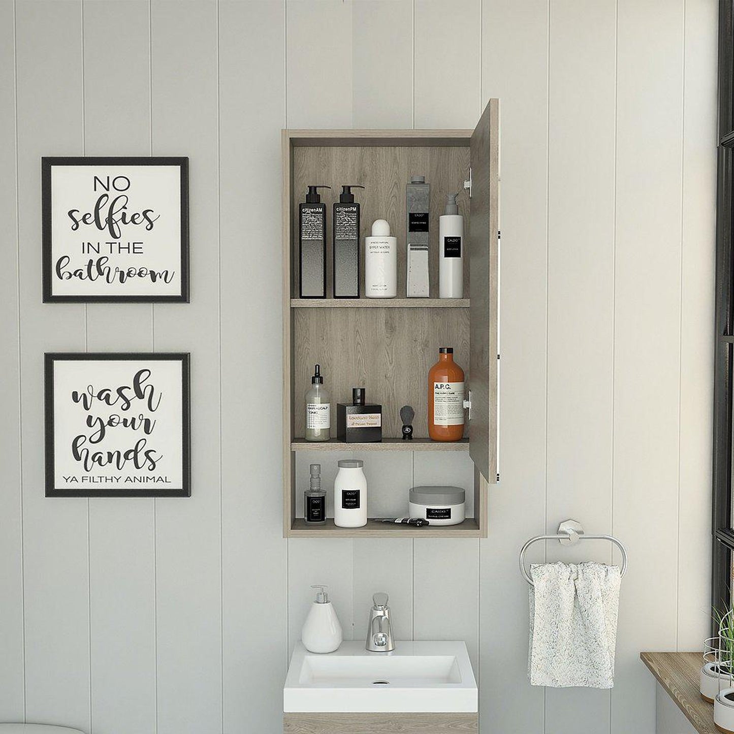 TUHOME Mariana 18" x 35" Light Oak Wall-Mounted Mirror Medicine Cabinet With Open Shelf