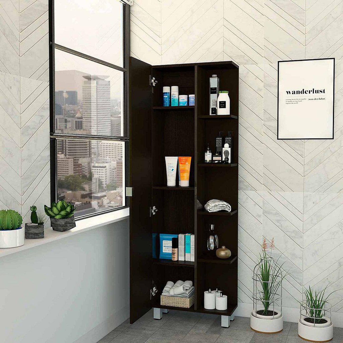 TUHOME Urano 62" Black Wengue Freestanding Corner Linen Cabinet With 5 Open Shelves