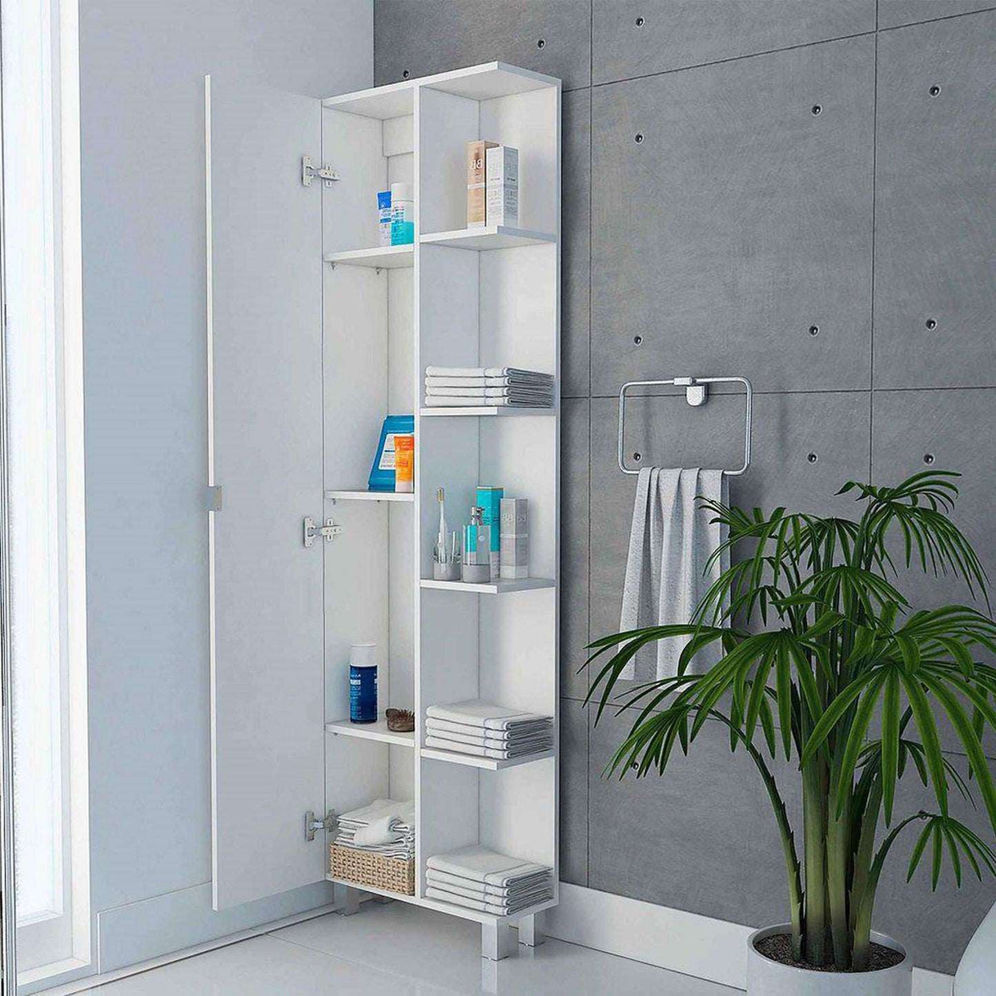 TUHOME Urano 62" White Freestanding Corner Linen Cabinet With 5 Open Shelves