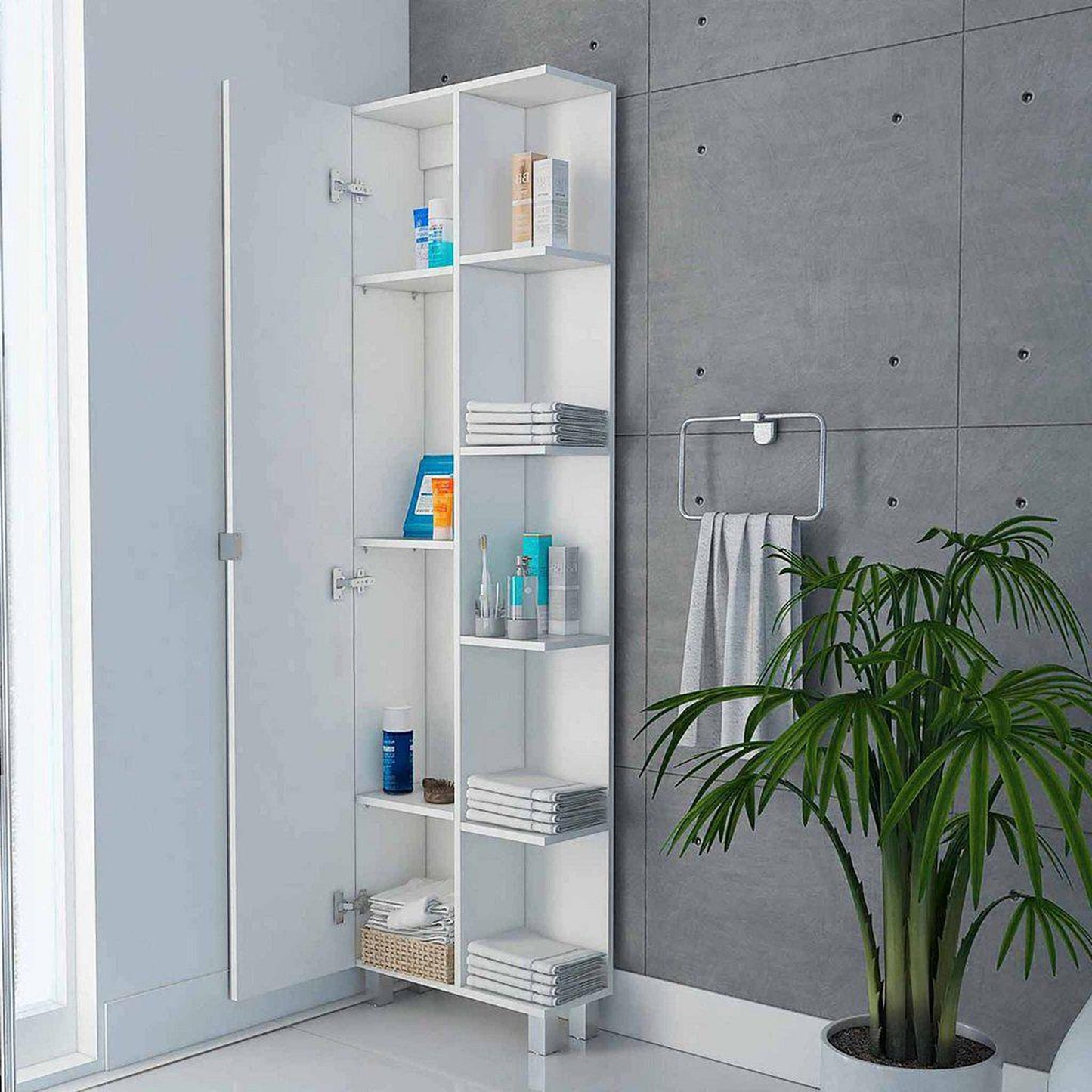 TUHOME Urano 62" White Freestanding Corner Mirror Linen Cabinet With 5 Open Shelves