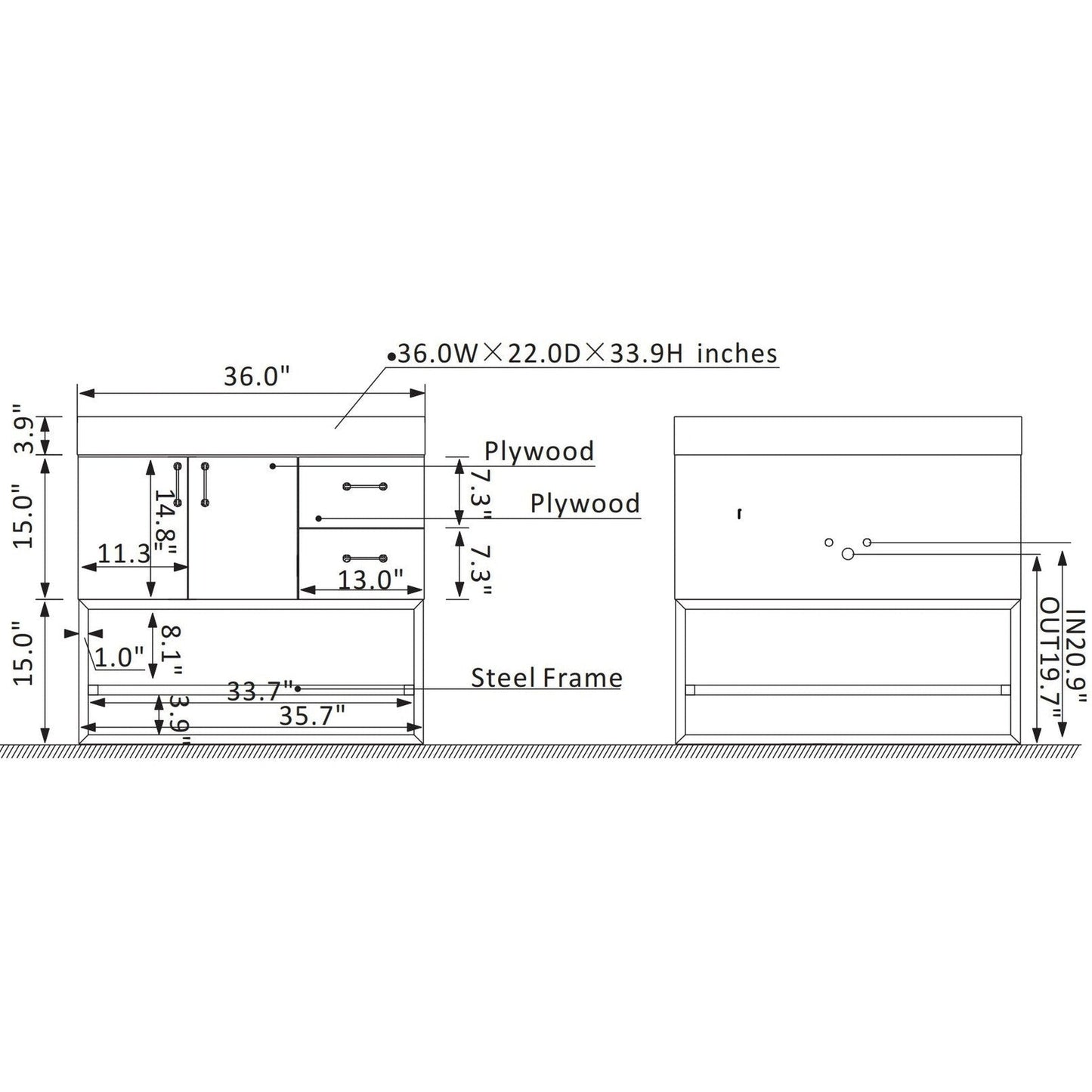 Vinnova Alistair 36" North American Oak Freestanding Single Vanity Set In Brushed Gold Metal Bracket Support Base and White Grain Stone Top With Undermount Ceramic Sink