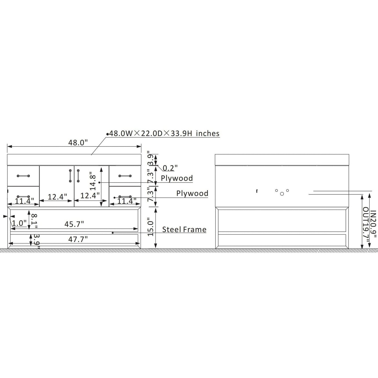 Vinnova Alistair 48" North American Oak Freestanding Single Vanity Set In Matte Black Metal Bracket Support Base and White Grain Stone Top With Undermount Ceramic Sink