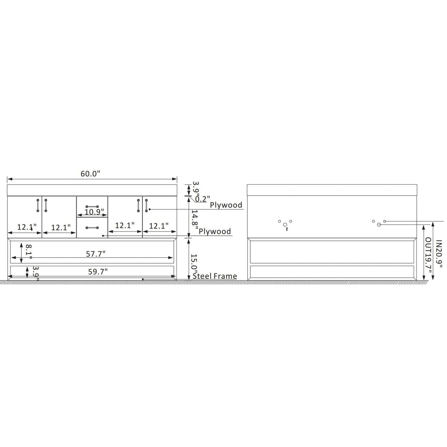 Vinnova Alistair 60" North American Oak Freestanding Double Vanity Set In Brushed Gold Metal Bracket Support Base and White Grain Stone Top With Undermount Ceramic Sink