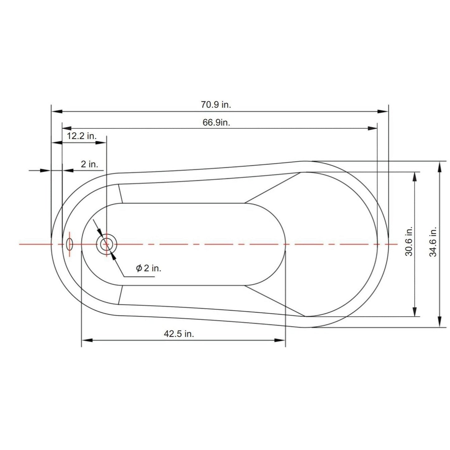 Vinnova Everlie 71" x 35" White Rectangular Freestanding Single Slipper Soaking Acrylic Bathtub