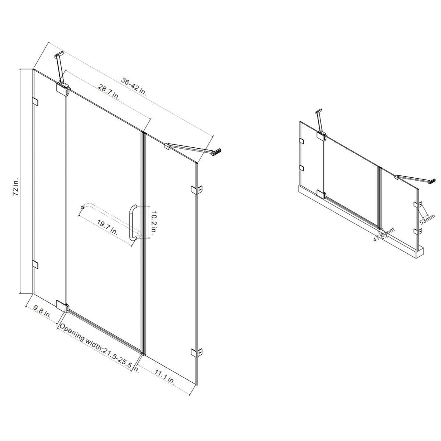 Vinnova Milano 48" x 72" Brushed Nickel In-line Hinged Frameless Shower Door With Fixed Glass on Both Sides