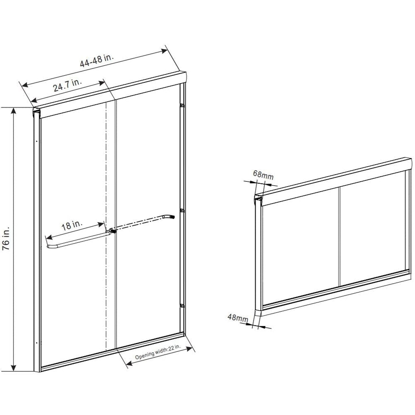 Vinnova Reggio 48" x 76" Brushed Nickel Reversible Double Sliding Bypass Frameless Shower Door