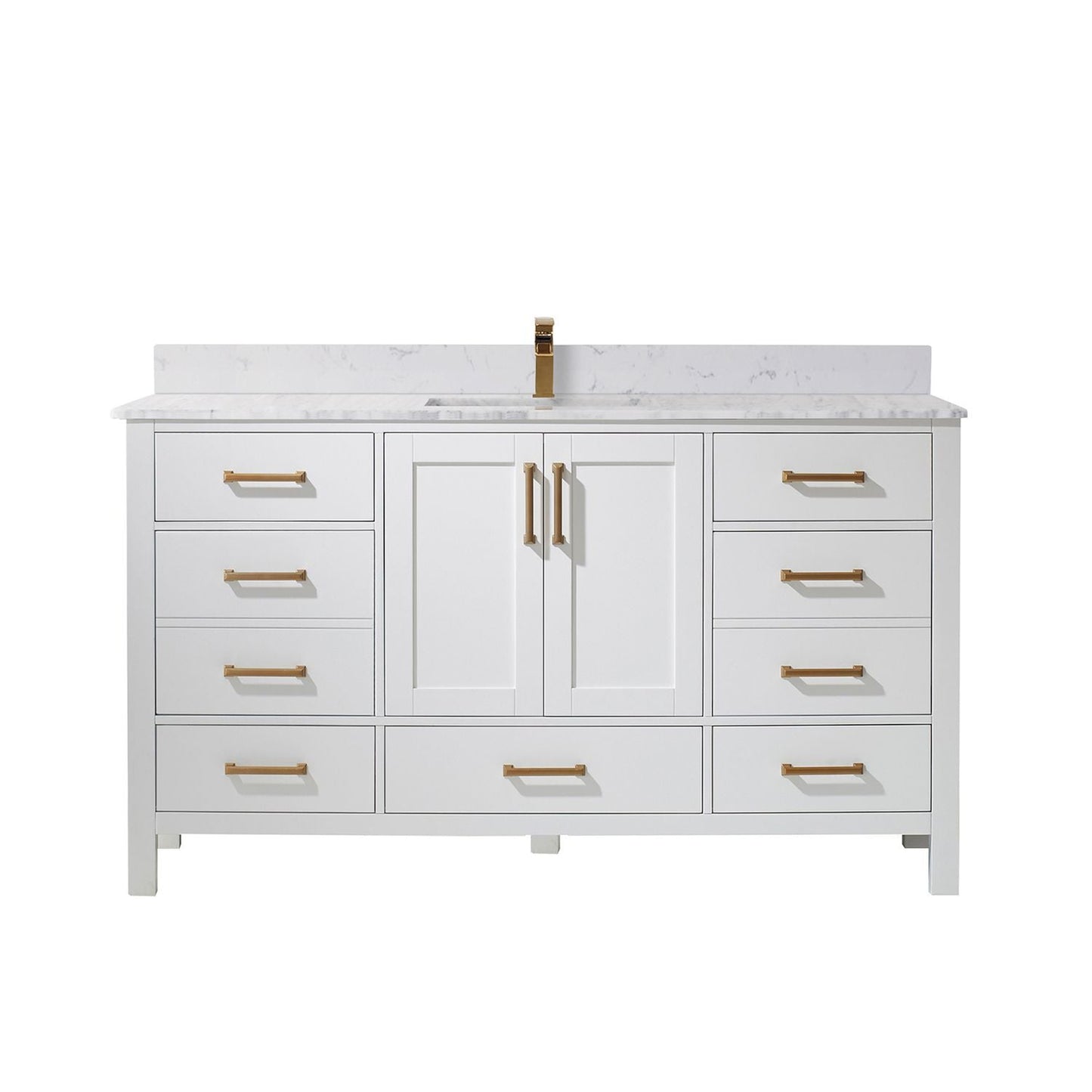 Vinnova Shannon 60" White Freestanding Single Vanity Set In White Carrara Composite Stone Top With Undermount Ceramic Sink and Mirror