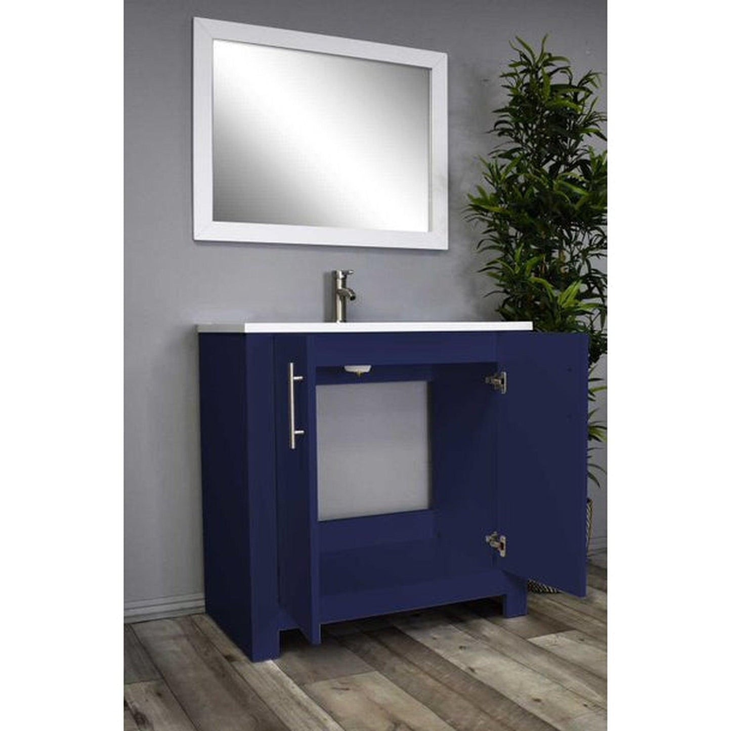 Volpa USA Austin 36" x 20" Navy Modern Freestanding Bathroom Vanity With Acrylic Top, Integrated Acrylic Sink And Brushed Nickel Handles