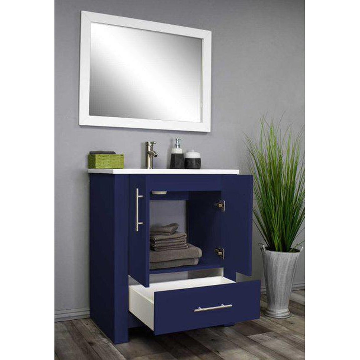 Volpa USA Boston 30" x 20" Navy Modern Freestanding Bathroom Vanity With Acrylic Top, Integrated Acrylic Sink And Brushed Nickel Handles