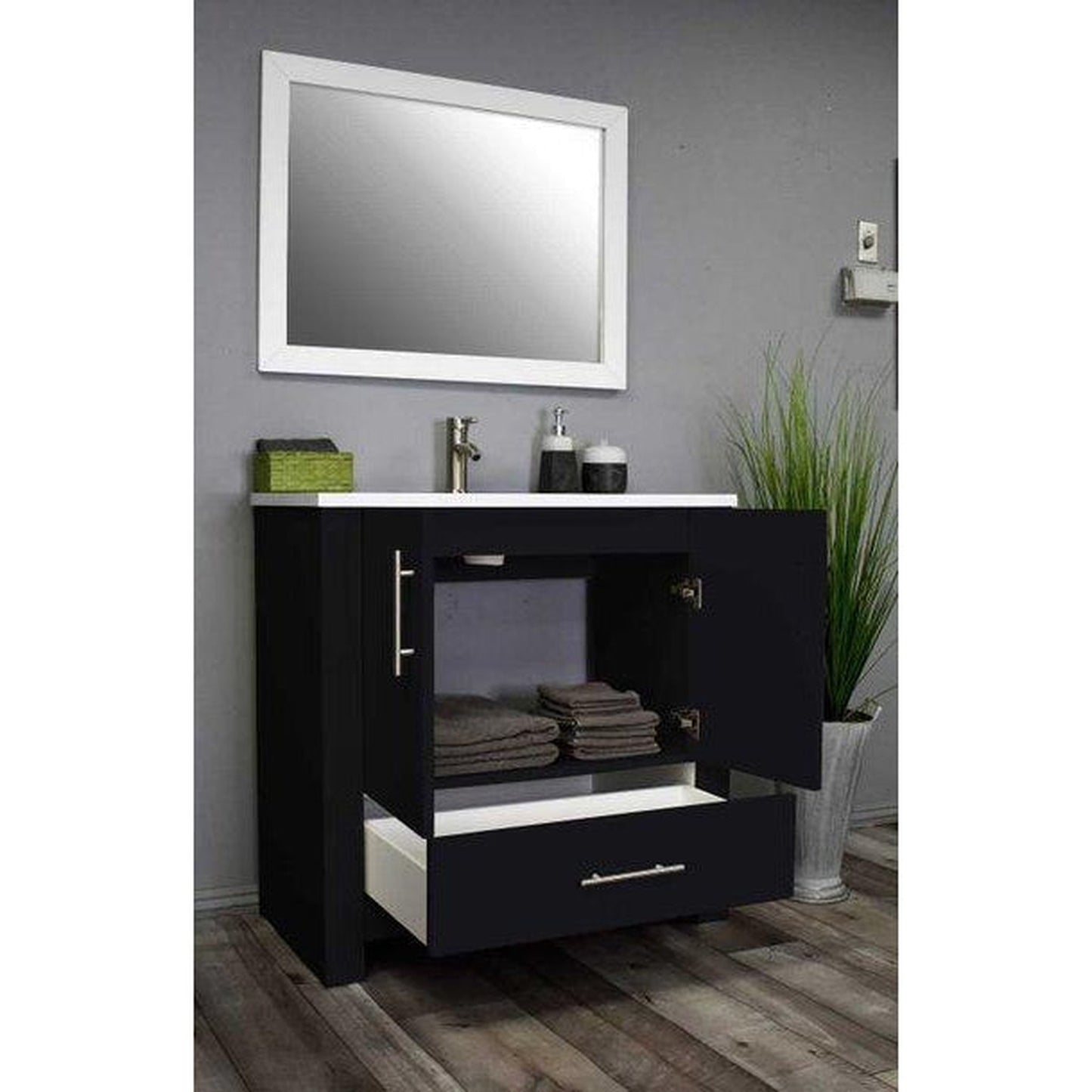 Volpa USA Boston 36" x 20" Black Modern Freestanding Bathroom Vanity With Acrylic Top, Integrated Acrylic Sink And Brushed Nickel Handles