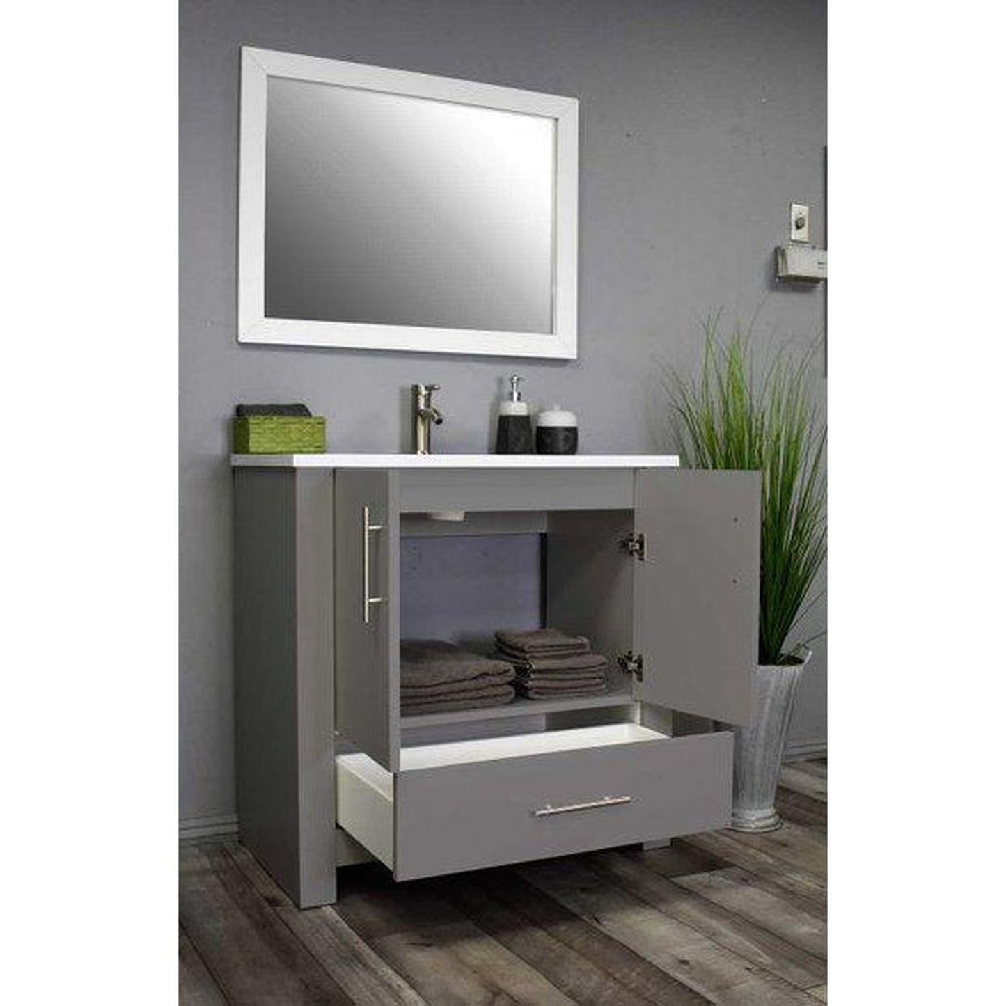 Volpa USA Boston 36" x 20" Gray Modern Freestanding Bathroom Vanity With Acrylic Top, Integrated Acrylic Sink And Brushed Nickel Handles