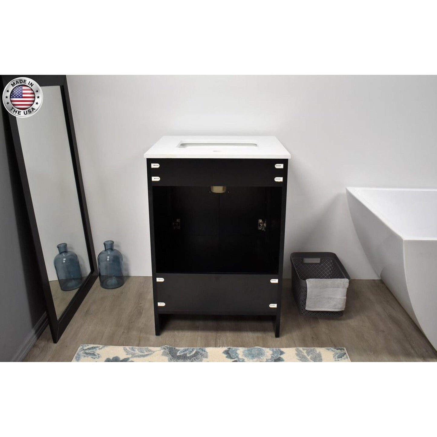 Volpa USA Capri 24" x 22" Black Freestanding Modern Bathroom Vanity With Preinstalled Undermount Sink And White Microstone Top With Brushed Nickel Edge Handles