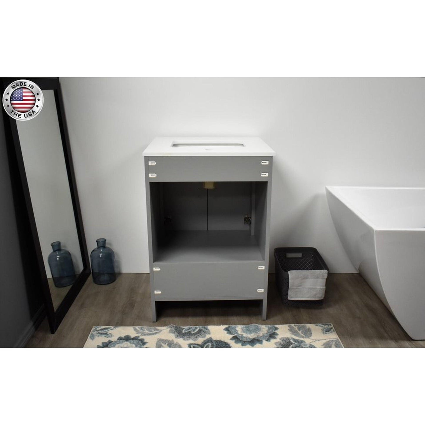 Volpa USA Capri 24" x 22" Gray Freestanding Modern Bathroom Vanity With Preinstalled Undermount Sink And White Microstone Top With Brushed Nickel Edge Handles