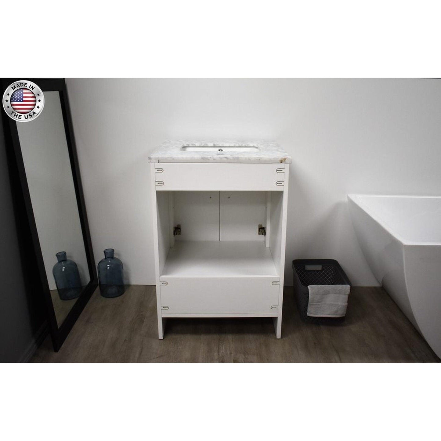 Volpa USA Capri 24" x 22" White Freestanding Modern Bathroom Vanity With Preinstalled Undermount Sink And Carrara Marble top With Brushed Nickel Edge Handles