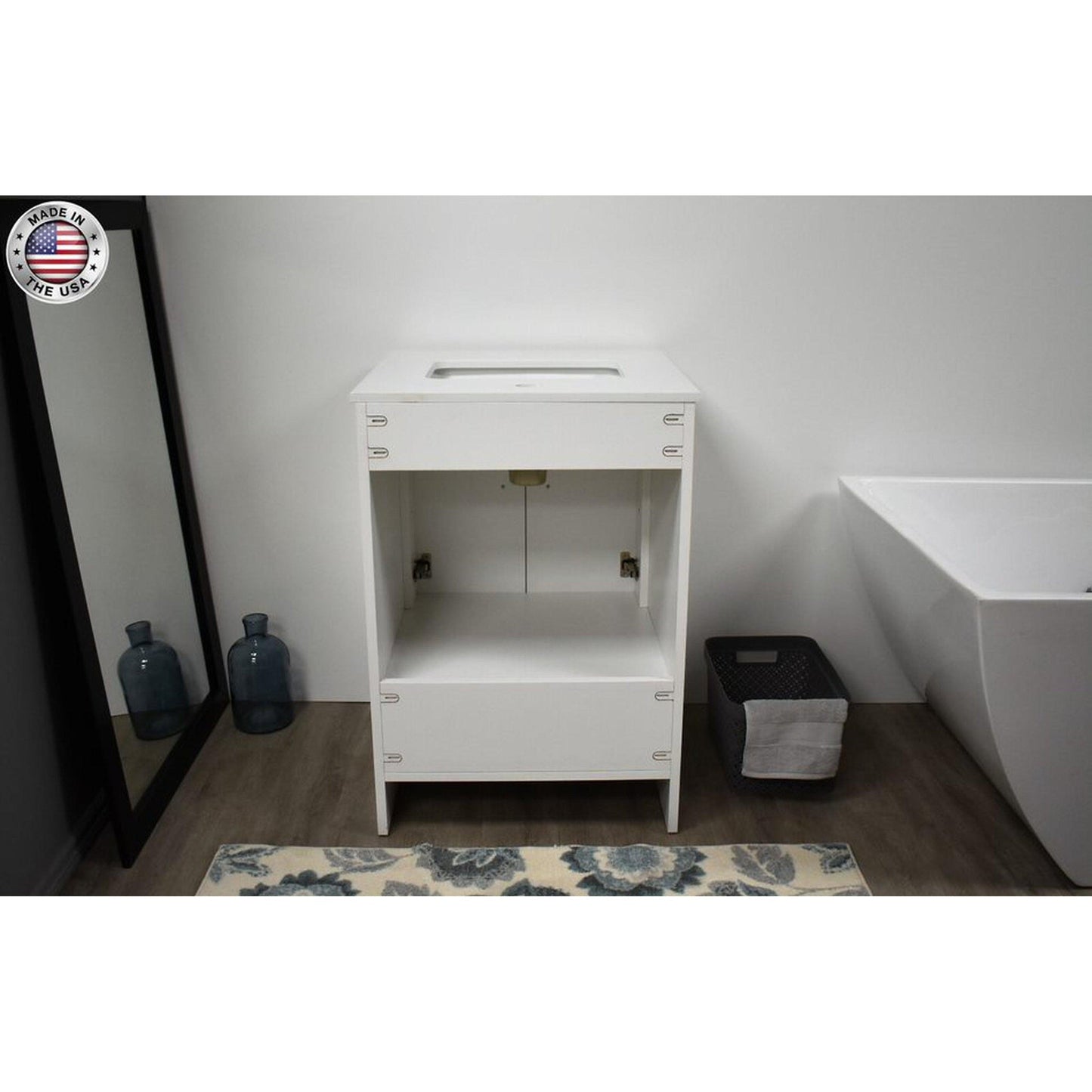 Volpa USA Capri 24" x 22" White Freestanding Modern Bathroom Vanity With Preinstalled Undermount Sink And White Microstone Top With Brushed Nickel Edge Handles