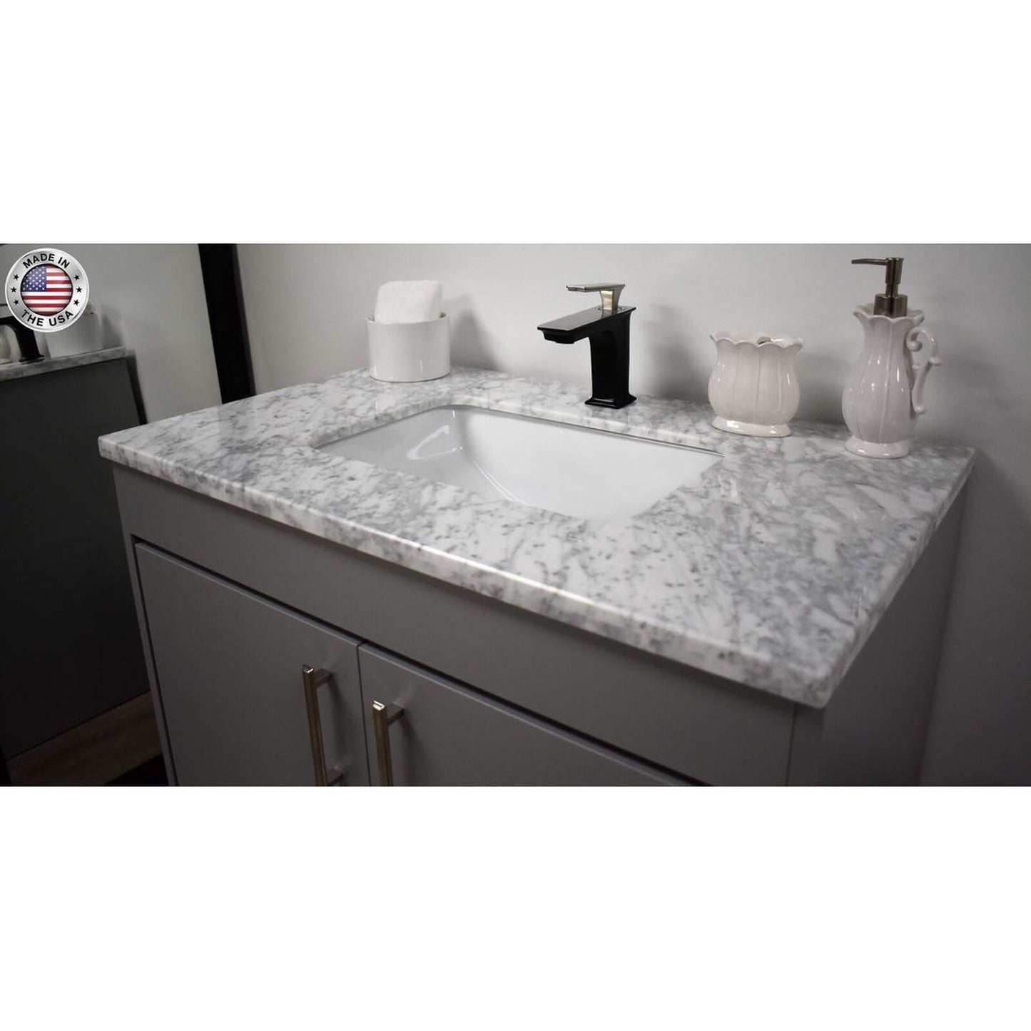 Volpa USA Capri 36" x 22" Gray Freestanding Modern Bathroom Vanity With Preinstalled Undermount Sink And Carrara Marble top With Brushed Nickel Edge Handles