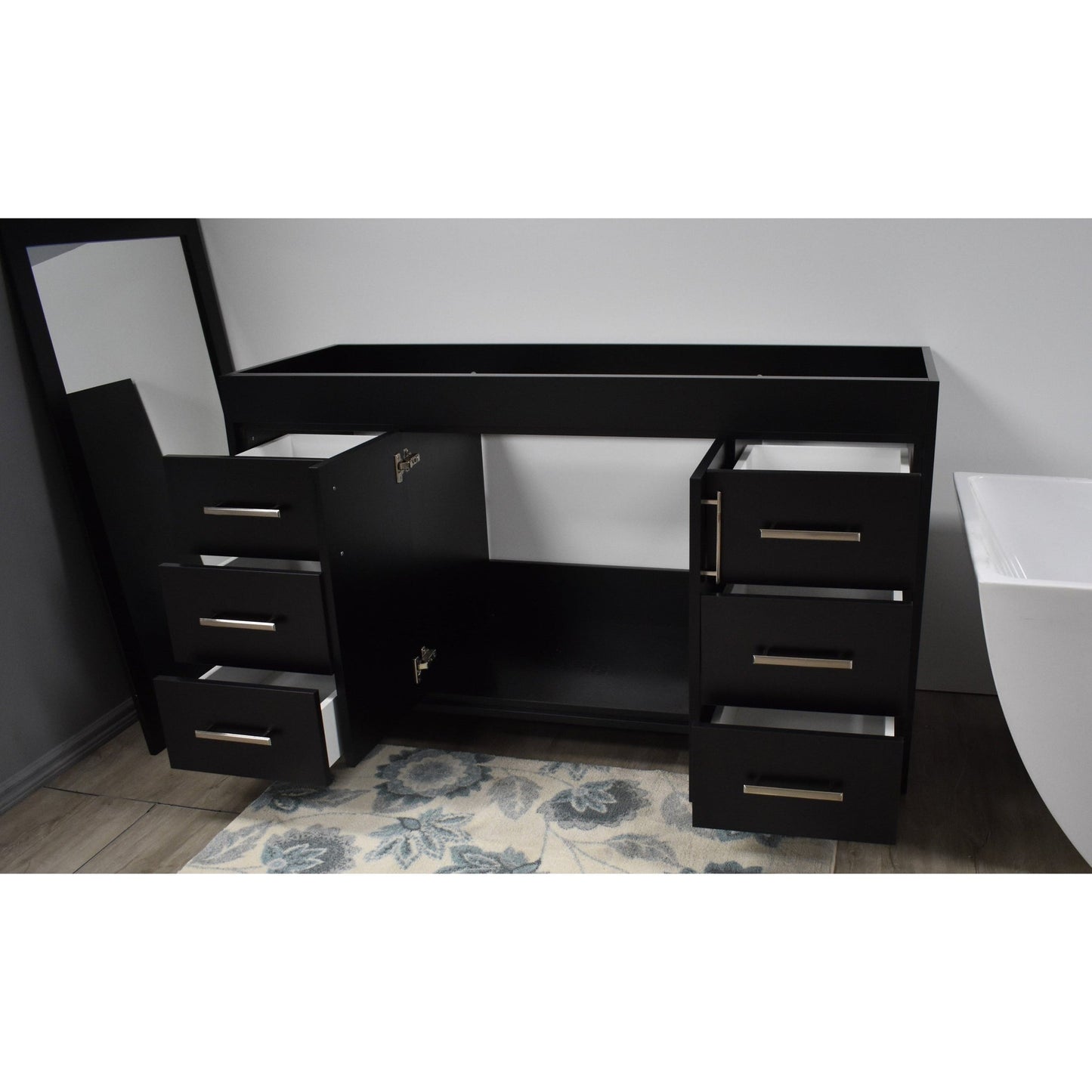 Volpa USA Capri 60" x 22" Black Modern Bathroom Vanity For Single Sink With Brushed Nickel Edge Handles