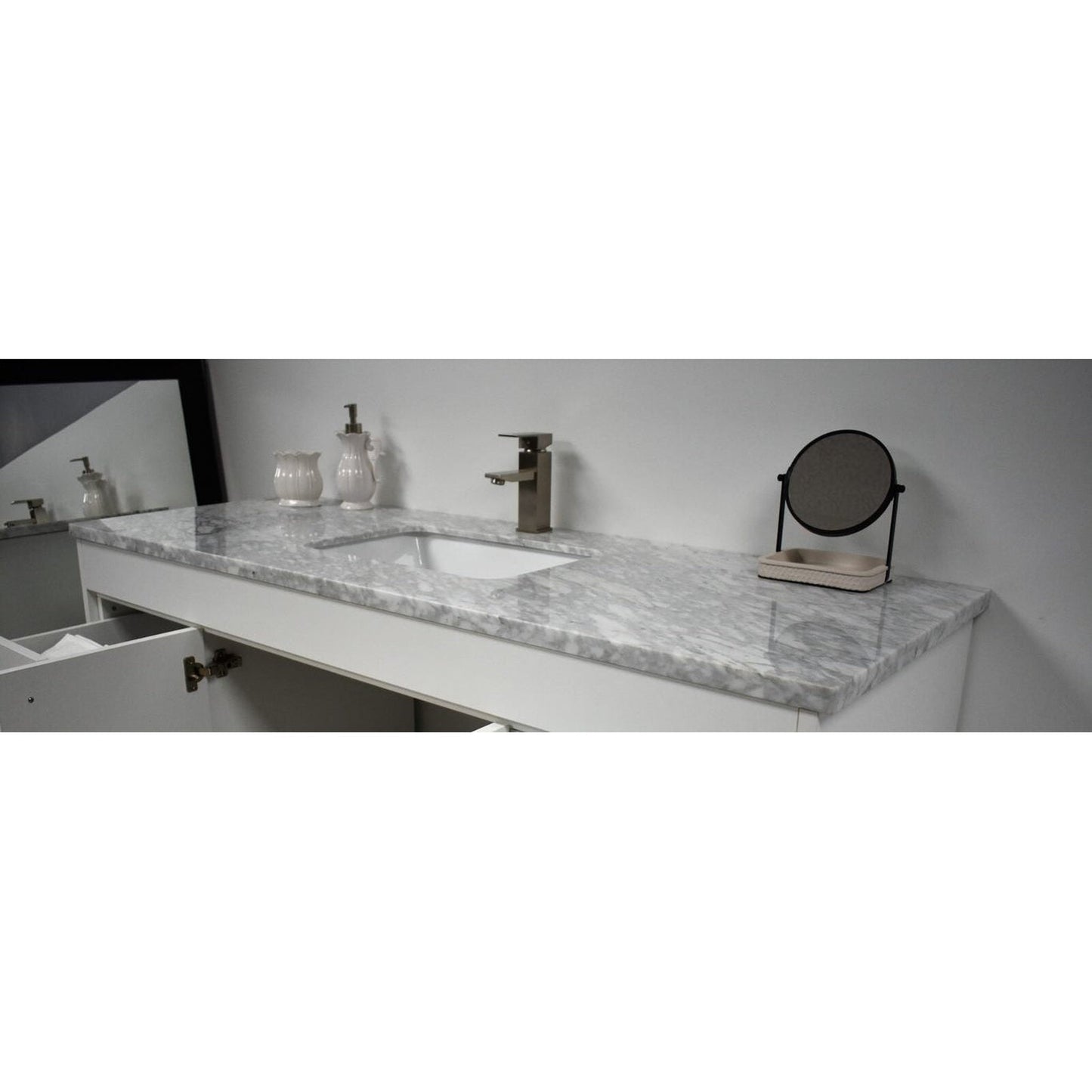 Volpa USA Capri 60" x 22" White Freestanding Modern Bathroom Vanity With Undermount Single Sink and Carrara Marble Top With Brushed Nickel Edge Handles