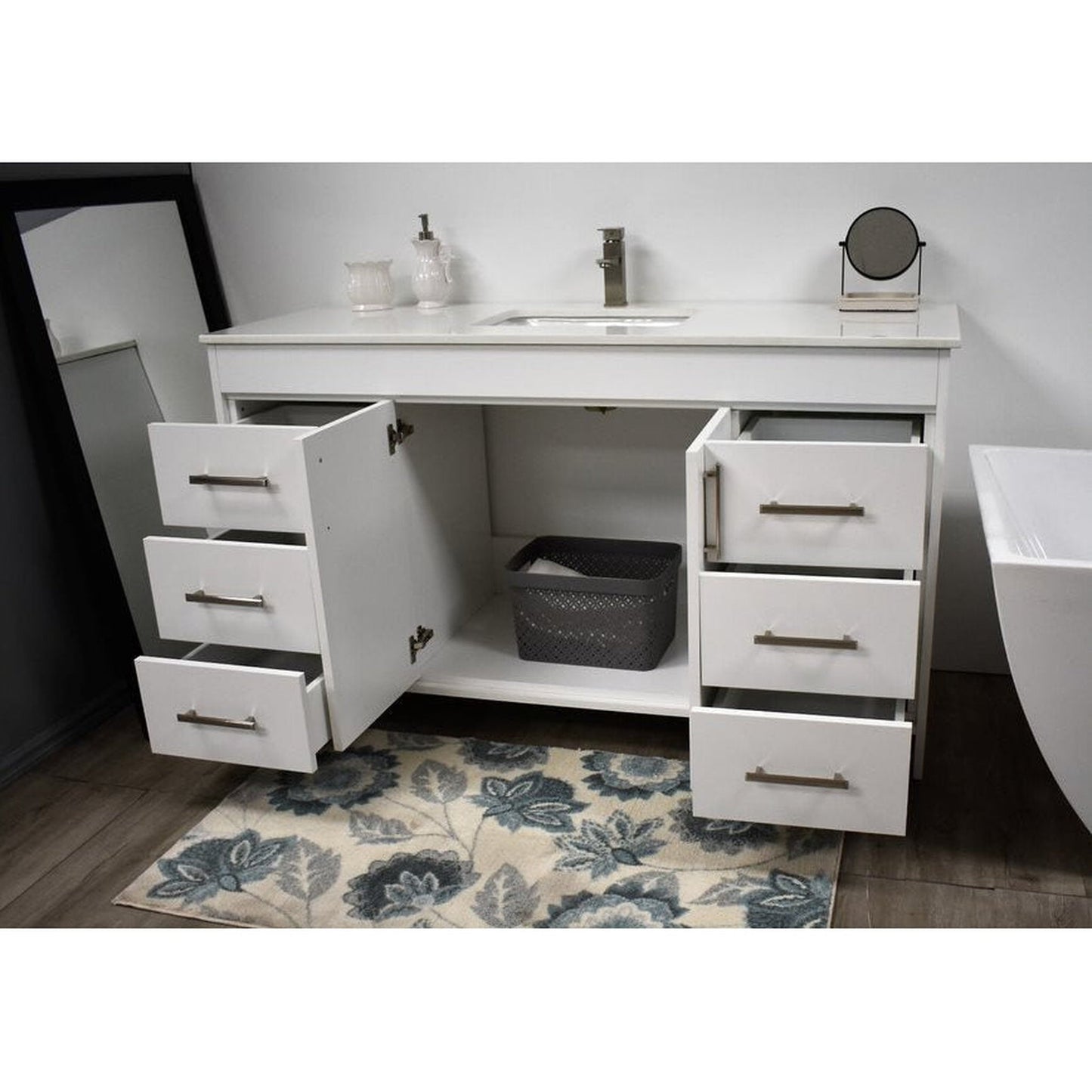 Volpa USA Capri 60" x 22" White Freestanding Modern Bathroom Vanity With Undermount Single Sink and White Microstone Top With Brushed Nickel Edge Handles